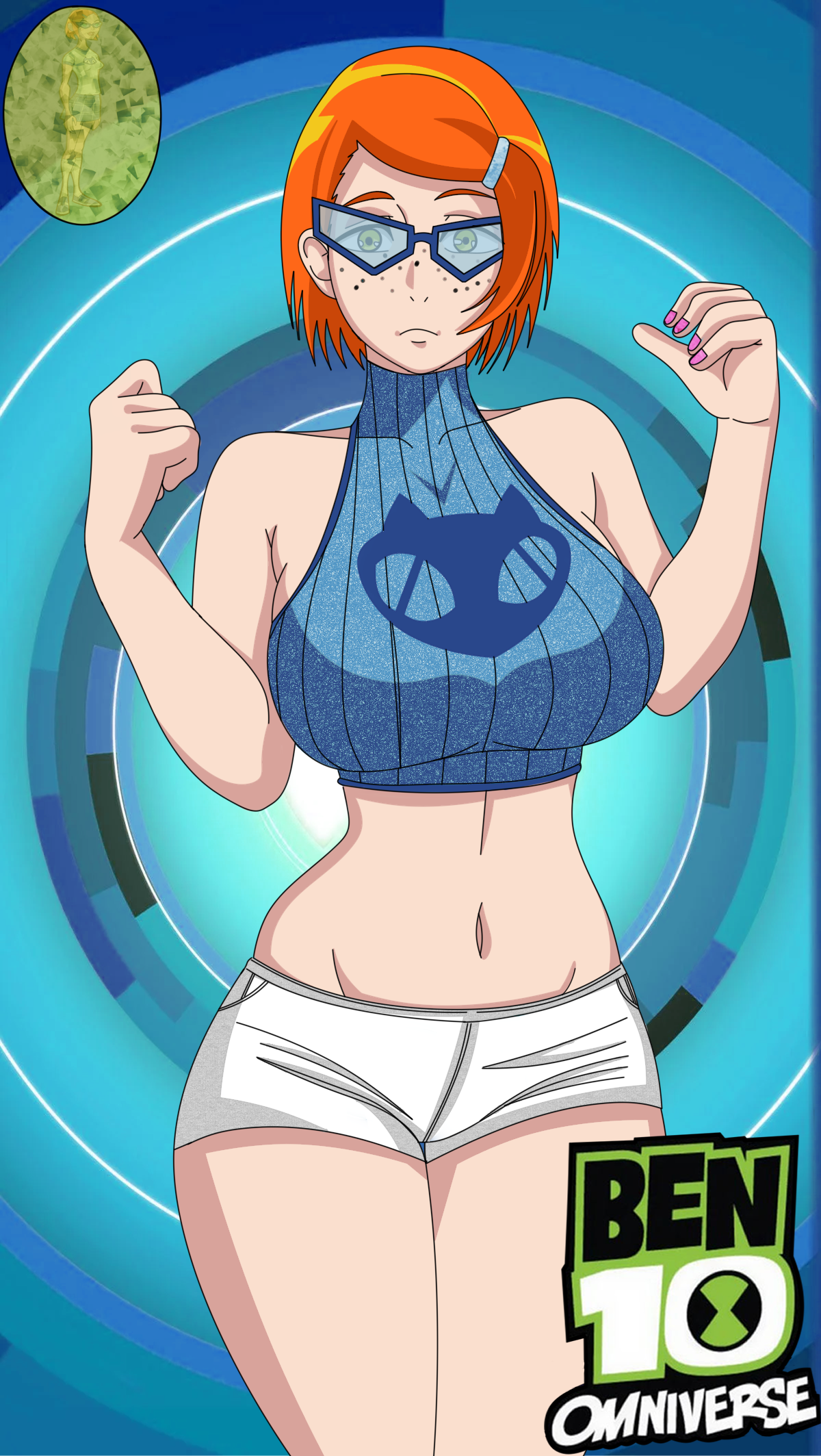 1girls, aged up, ben 10, ben 10 omniverse, blue background, cartoon network, female, female only, green eyes, gwen tennyson, gwen tennyson (omniverse), maudxie, nerd, solo