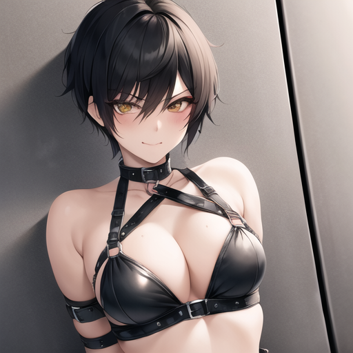 1girls ai_generated black_clothing black_hair blushing_at_viewer bondage_harness bust busty cleavage collar confident ear earings ears exposed_shoulders female femsub happy_female happy_sub huge_breasts latex_bra looking_at_viewer nemus_waifu_generator pixie_cut pooplool short_hair shoulders slight_blush slight_smile sole_female solo solo_female submissive submissive_female tagme tomboy voluptuous voluptuous_female willing_sub yellow_eyes