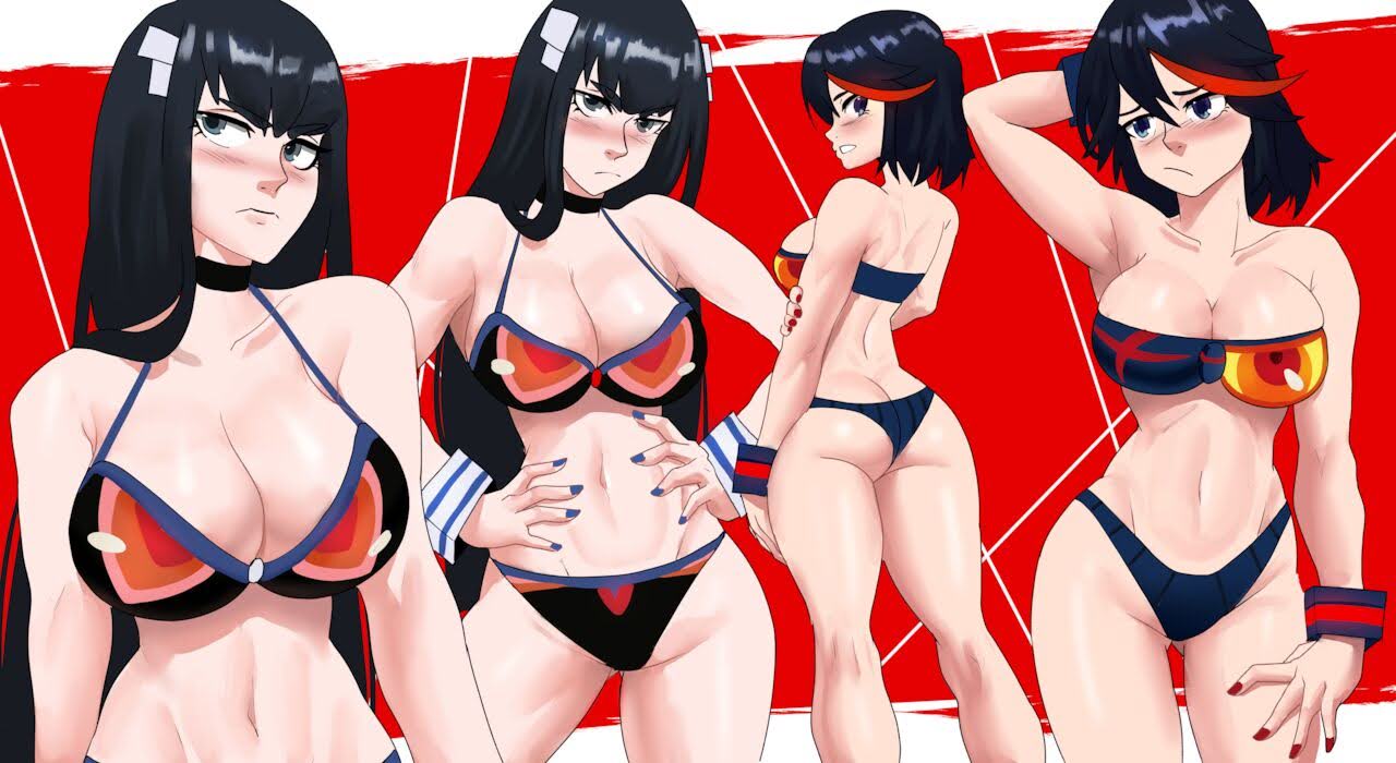 2girls, ass, big breasts, bikini, black bikini, black hair, blue hair, breasts, echosaber, female, female only, green eyes, human, humanoid, junketsu, kill la kill, kiryuuin satsuki, light skin, light-skinned female, looking at viewer, looking away, looking back, matoi ryuuko, multiple females, multiple girls, red background, red fur, senketsu, serious look, sisters