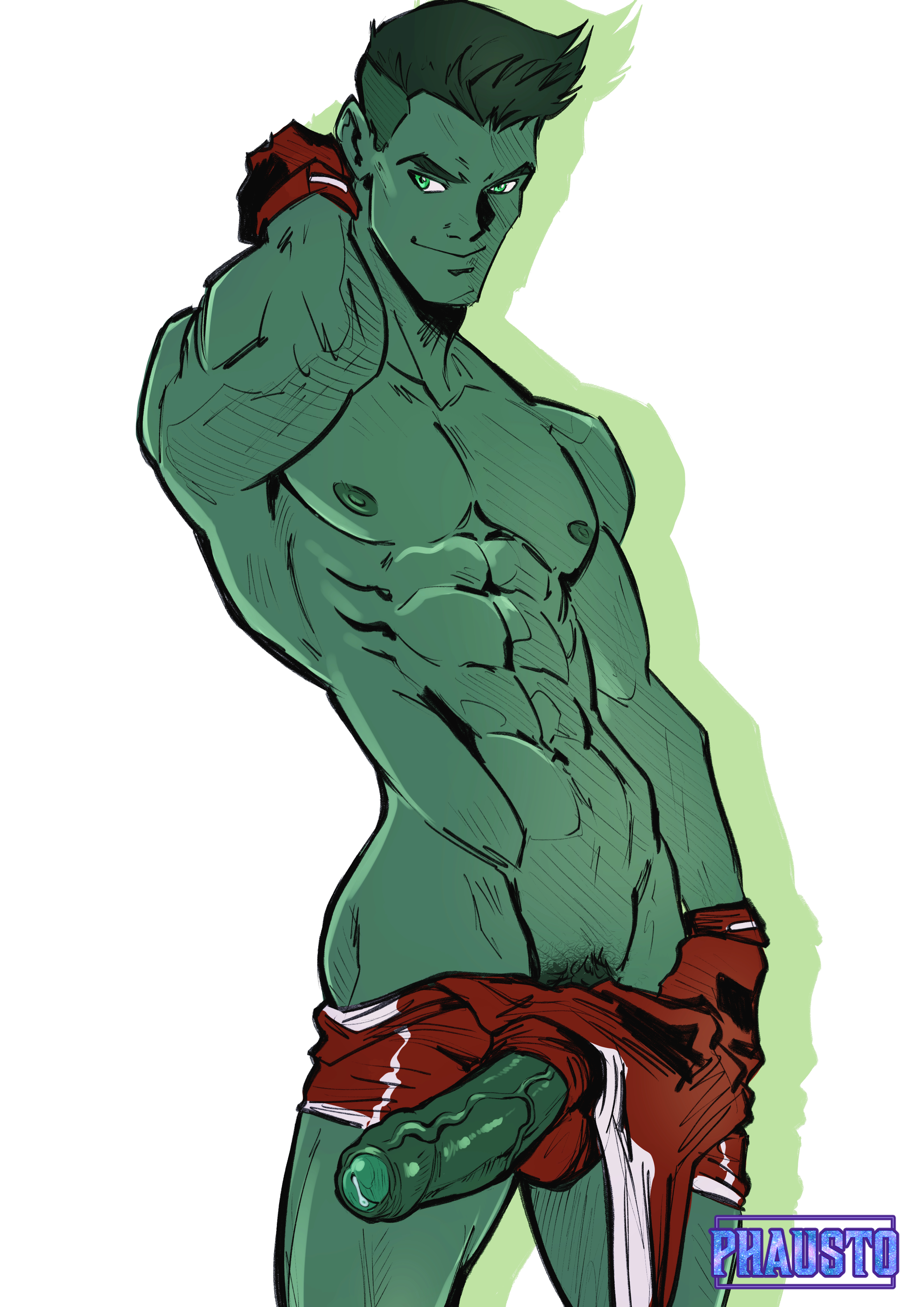 1boy, abs, artist name, balls, balls bulge, bara, beast boy, beast boy (young justice), boner, cum, dc, dc comics, erection, foreskin, garfield logan, gay, gay male, green, green body, green eyes, green hair, green skin, humanoid, humanoid penis, male, male nipples, male only, male pubic hair, masculine, muscles, muscular, muscular male, nipples, partially retracted foreskin, pecs, penis, phausto, precum, precum drip, pubic hair, retracted foreskin, smooth skin, smooth skinned male, solo, uncircumcised, uncut, veiny penis, yaoi, young justice, young justice: outsiders, young justice: phantoms
