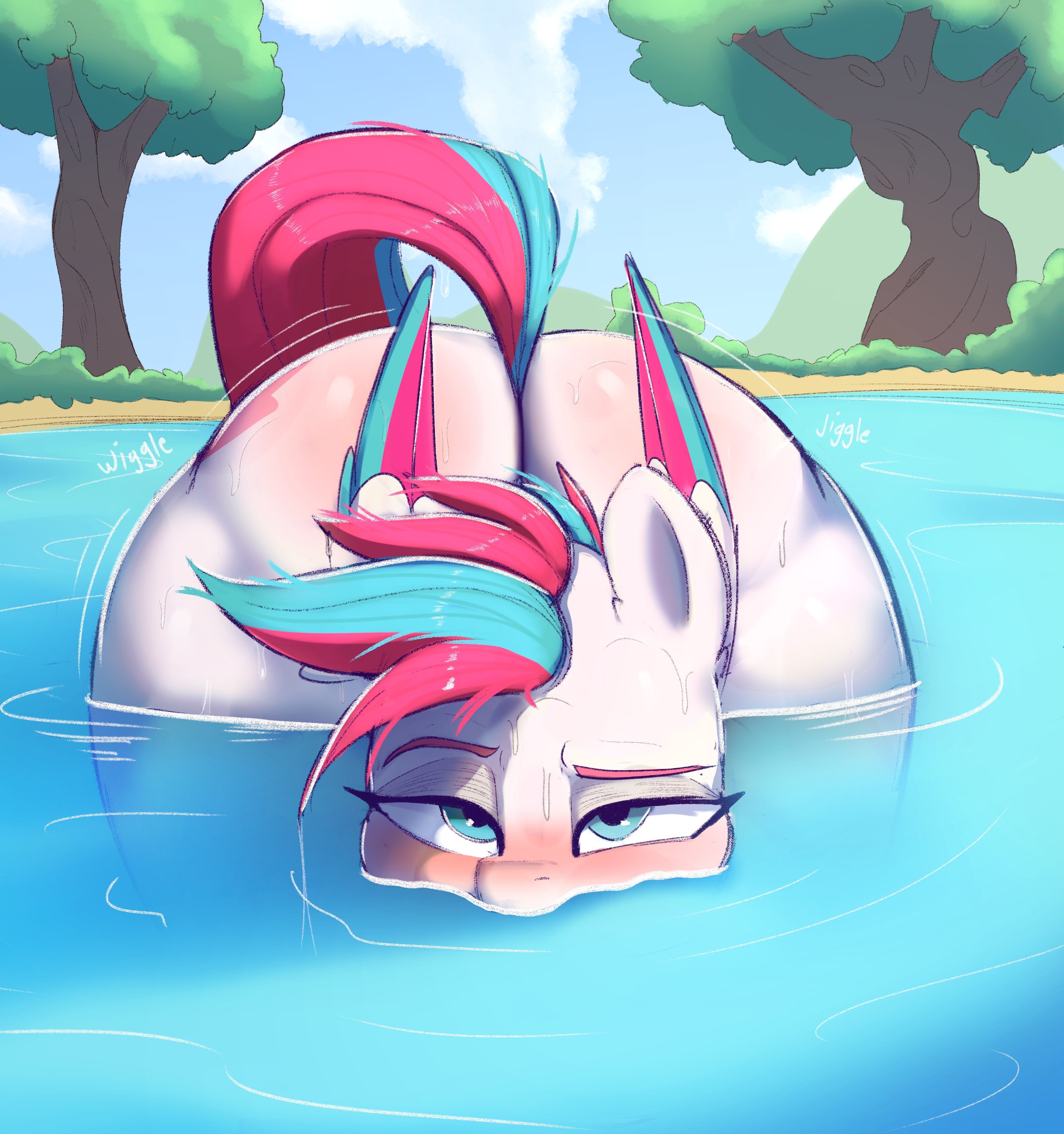 ass, big ass, blush, blushing, holding breath, horse, looking at viewer, mlp g5, my little pony, naughty face, pony, shaking ass, shaking butt, water, welost, wiggle lines, zipp storm (mlp)