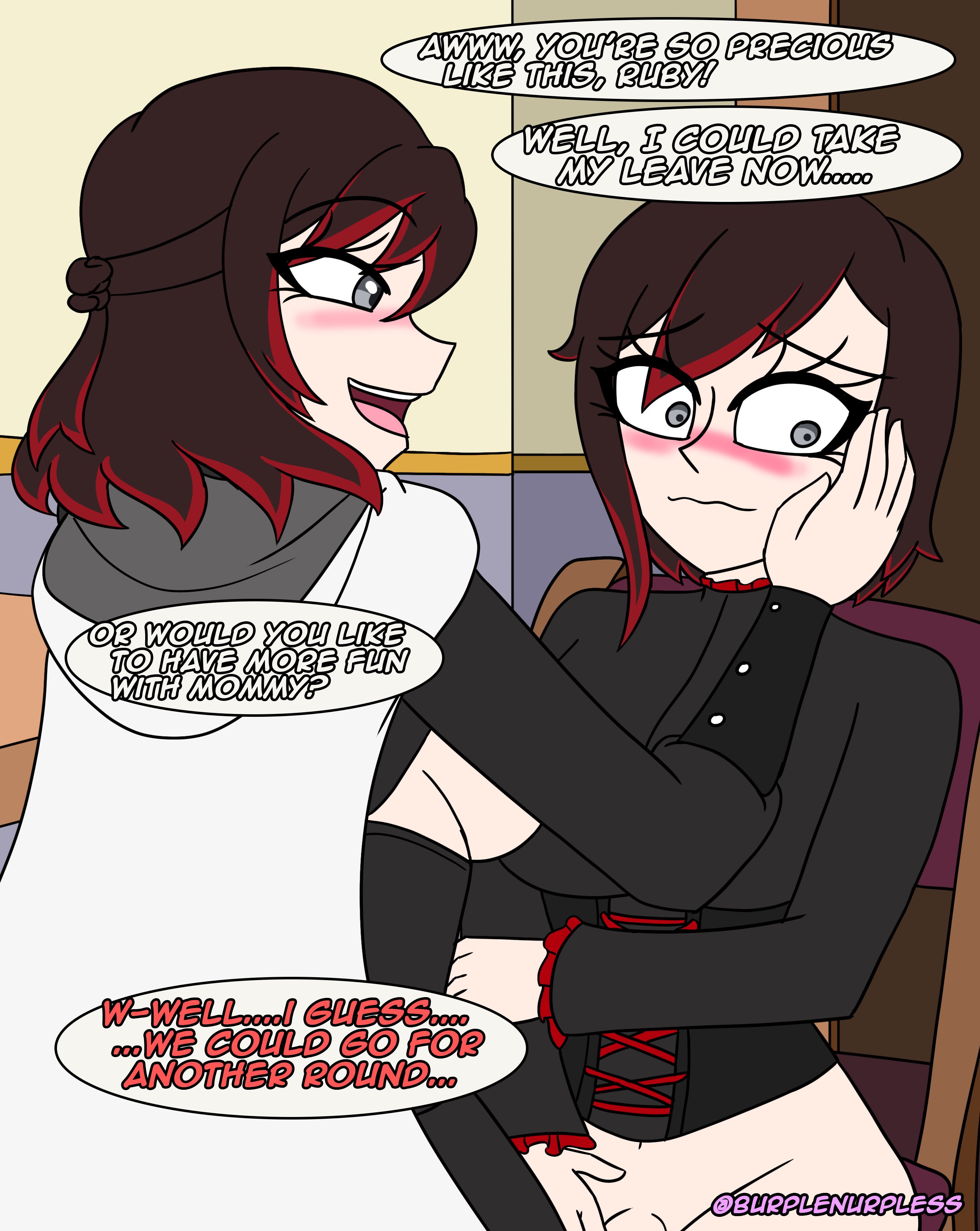1futa, 1girls, about to pound the fuck outta em, age difference, black hair, blush, burplenurpless, daughter, dialogue, embarrassed, english text, excited, female, futa on female, futanari, happy, imminent sex, incest, incestuous, incestuous (lore), indoors, intersex, light skin, light-skinned female, light-skinned futa, looking away, looking away from partner, mother, mother and daughter, parent, parent and child, red highlights, ruby rose, rwby, silver eyes, speech bubble, summer rose, tagme, text