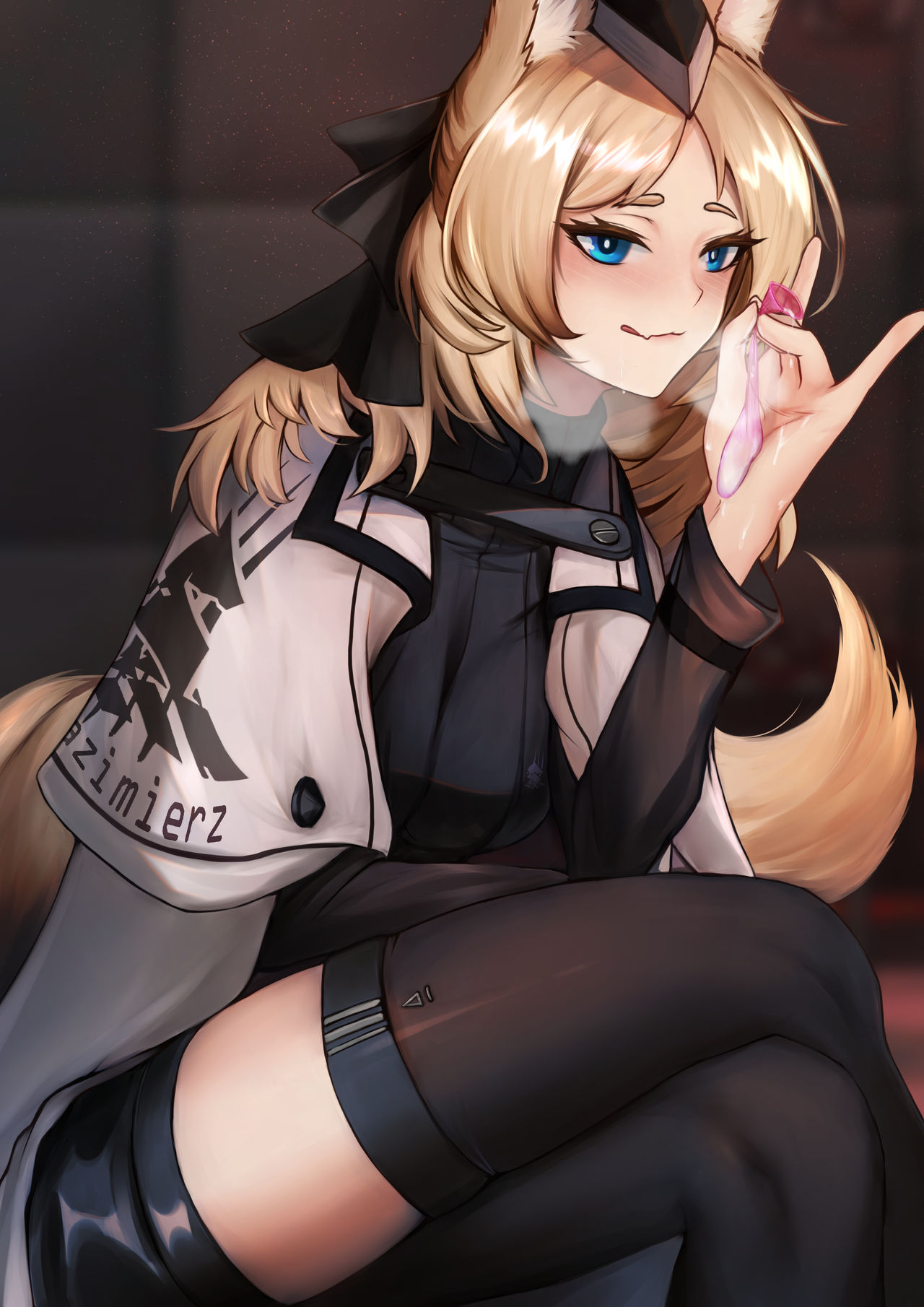 1girls 2023 animal_ear_fluff animal_ears arknights blonde_hair blue_eyes blush condom filled_condom fully_clothed hat hi_res horse_ears horse_girl horse_tail kemonomimi krirk legs_crossed licking_lips light-skinned_female light_skin long_hair looking_at_viewer seductive seductive_look seductive_smile sitting smile solo tail thighhighs thighs whislash_(arknights)