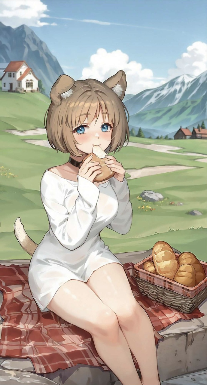 1girls blue_eyes blush bread brown_hair choker dog_ears dog_girl dog_tail food game_cg gina_(isekai_slow_life) isekai_slow_life looking_at_viewer picnic tail