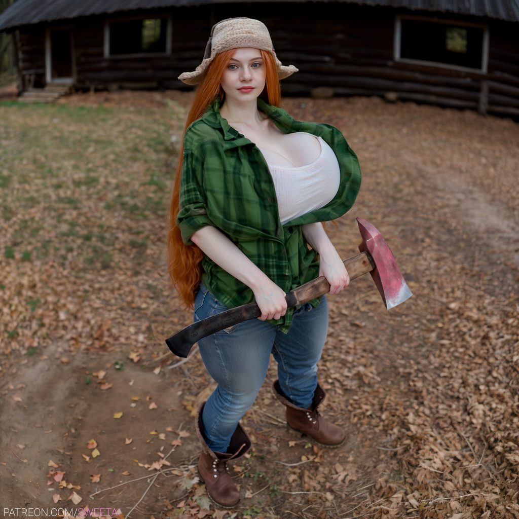 1girls ai_generated boots busty cleavage cosplay curvaceous disney female female_only flannel gravity_falls green_eyes hat holding_object huge_breasts jeans long_hair looking_at_viewer lumberjack lumberjack_hat pale-skinned_female pale_skin red_hair smirk solo_female solo_focus stable_diffusion sweetai tomboy waist_length_hair wendy_corduroy