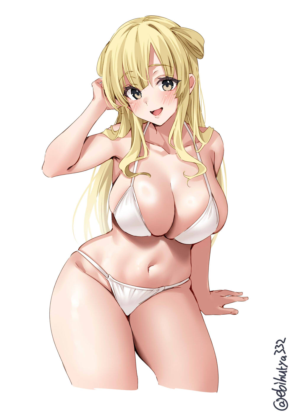 bikini blonde_hair blush breasts cleavage collarbone cowboy_shot double_bun ebifurya female fletcher_(kantai_collection) hair_bun highres kantai_collection large_breasts long_hair looking_at_viewer navel one-hour_drawing_challenge skindentation solo stomach swimsuit thighs twitter_username white_background white_bikini yellow_eyes