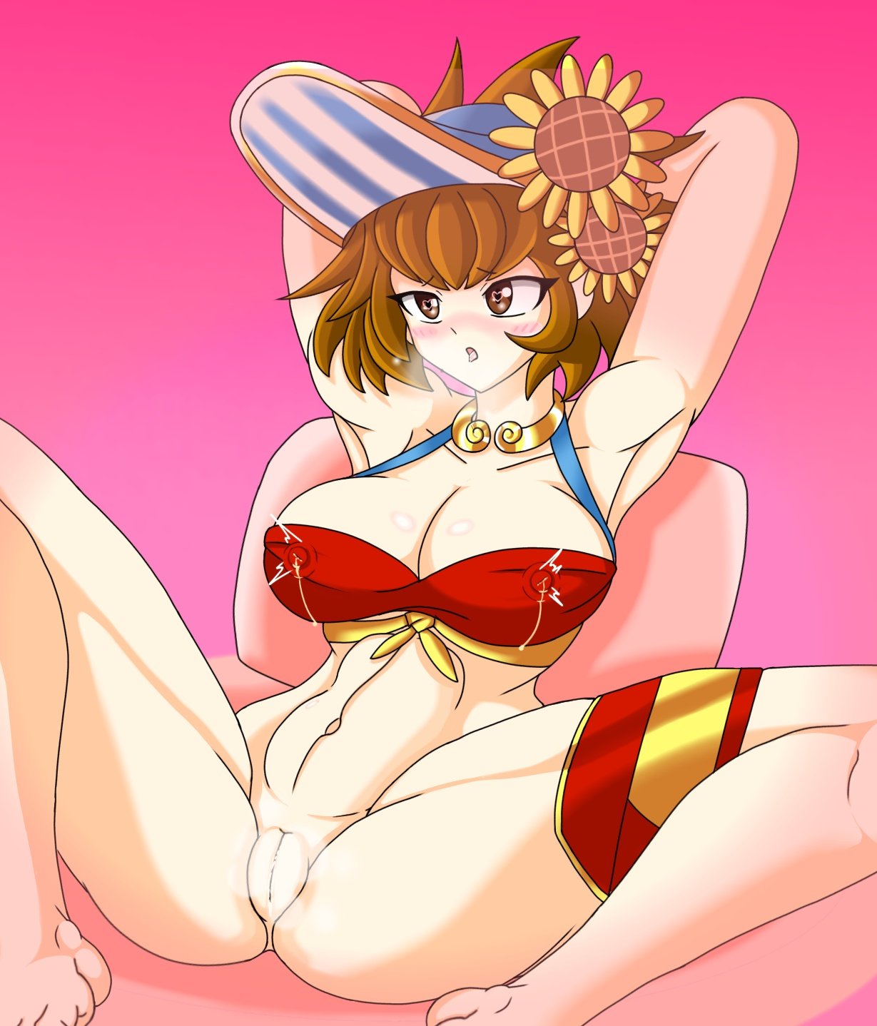 1girls armpits arms_behind_head arms_up belly bikini bikini_top blush bottomless bottomless_female breasts brown_eyes brown_hair collar collarbone feet female flower flower_in_hair highres kuu_(battle_cats) kuu_chaz7hu3hp5 lactation lactation_through_clothes large_breasts milk muscular muscular_female panting pillow pink_background pleasure_face pussy pussy_juice reclining shiny_breasts shiny_skin spread_legs sunflower the_battle_cats thick_thighs thigh_strap thighs tongue_out visible_air visible_breath visor white_female