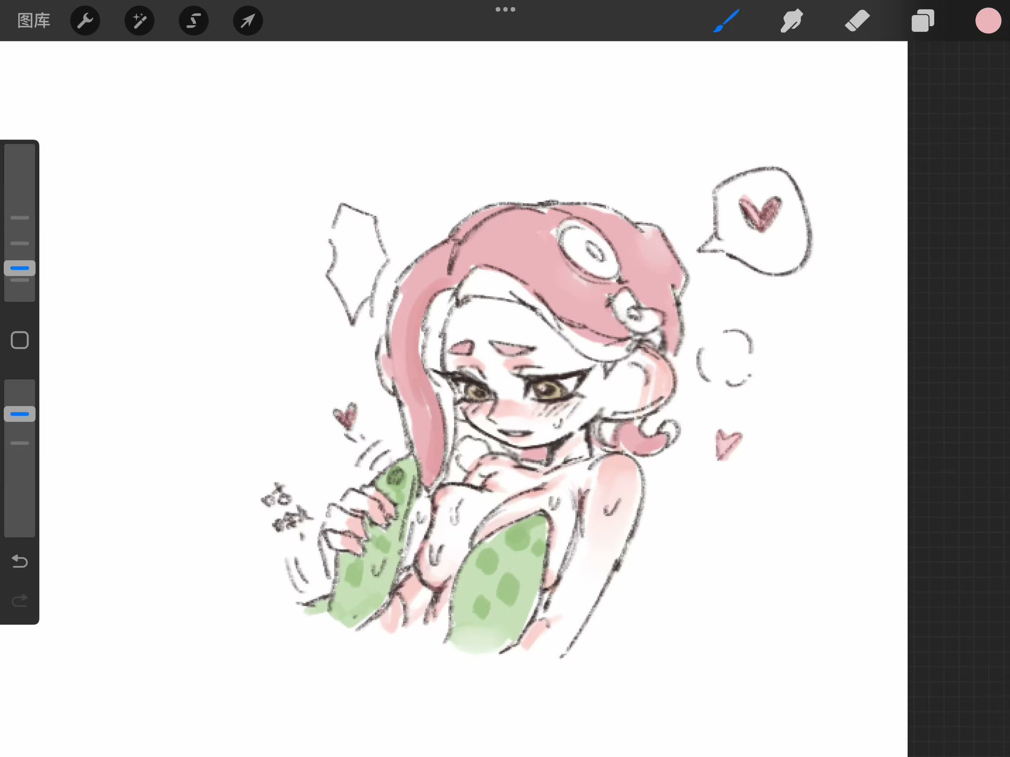 4:3, agent 3 (splatoon), agent 8 (splatoon), big breasts, breasts, cephalopod humanoid, female, heart, inkling, looking down, narrowed eyes, nipple play, octoling, pink hair, sketch, splatoon, spoken heart, squid, tentacle, tentacle on breast, tentacles, thenintlichen96, topless