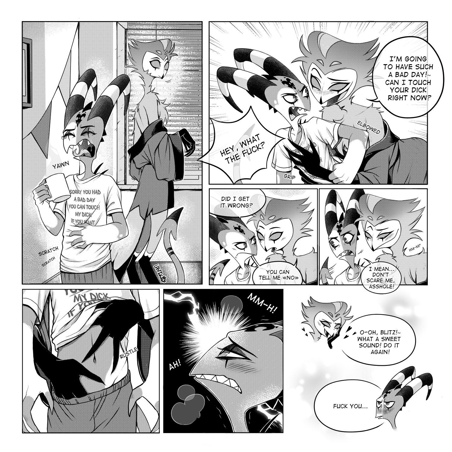 black and white, blitzo (helluva boss), clothed, clothing, comic, gay, helluva boss, horns, laviko weird, male, male only, male/male, owl, penis, shirt lift, stolas (helluva boss), text, text bubble, touching penis
