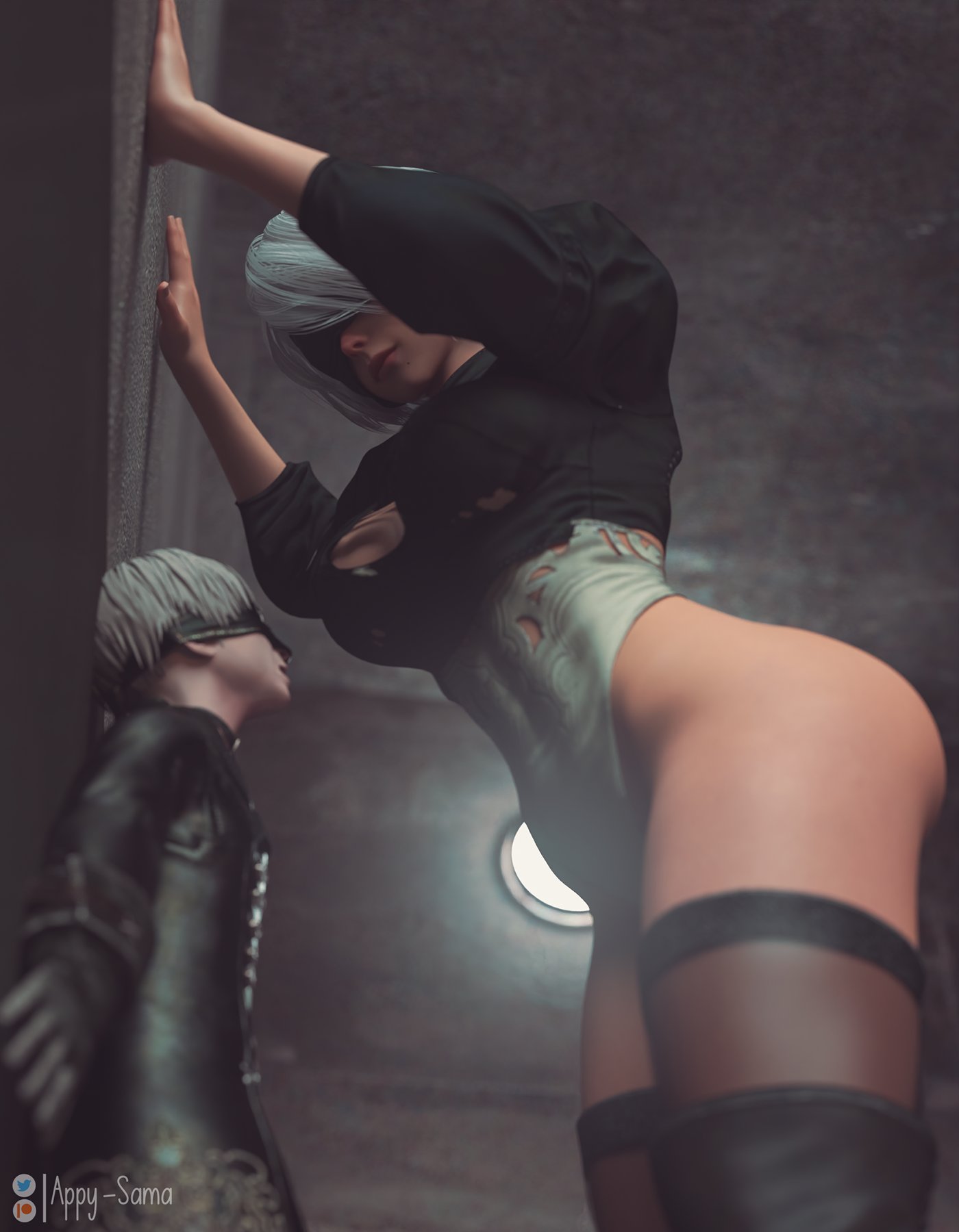 1boy 1girls 3d appy-sama ass big_breasts breasts clothing female giantess light-skinned_female light-skinned_male light_skin macro male micro mini_giantess nier nier:_automata short_hair side_view size_difference thighhighs white_hair yorha_2b yorha_9s