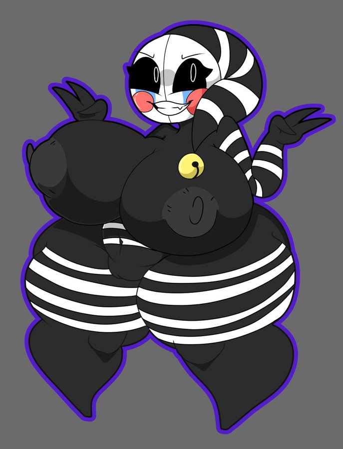 1girls animatronic areolae bell black_body black_skin breasts featureless_feet female five_nights_at_freddy's freddy_fazbear's_pizzeria_simulator huge_ass huge_breasts huge_thighs humanoid lewdmaya marionette_(fnaf) nipples nude nude_female puppet_(fnaf) scottgames security_puppet_(fnaf) simple_background solo stripes thighs vagina