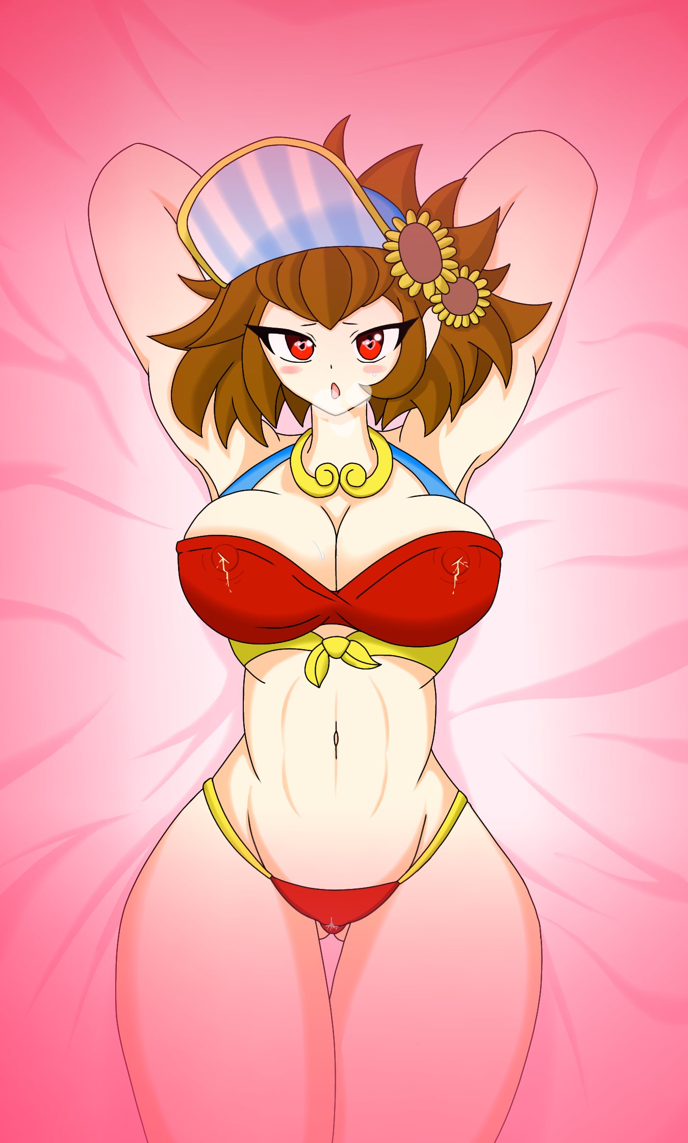 1girls arms_behind_head arms_up belly bikini bikini_bottom bikini_top blush breasts brown_eyes brown_hair cameltoe collar erect_nipples female flower flower_in_hair highres horny_female kuu_(battle_cats) kuu_chaz7hu3hp5 lactation lactation_through_clothes large_breasts looking_at_viewer medium_hair milk muscular muscular_female nipple_bulge on_back on_bed pink_sheets posing pussy_juice sunflower the_battle_cats thick_thighs thighs visor white_female