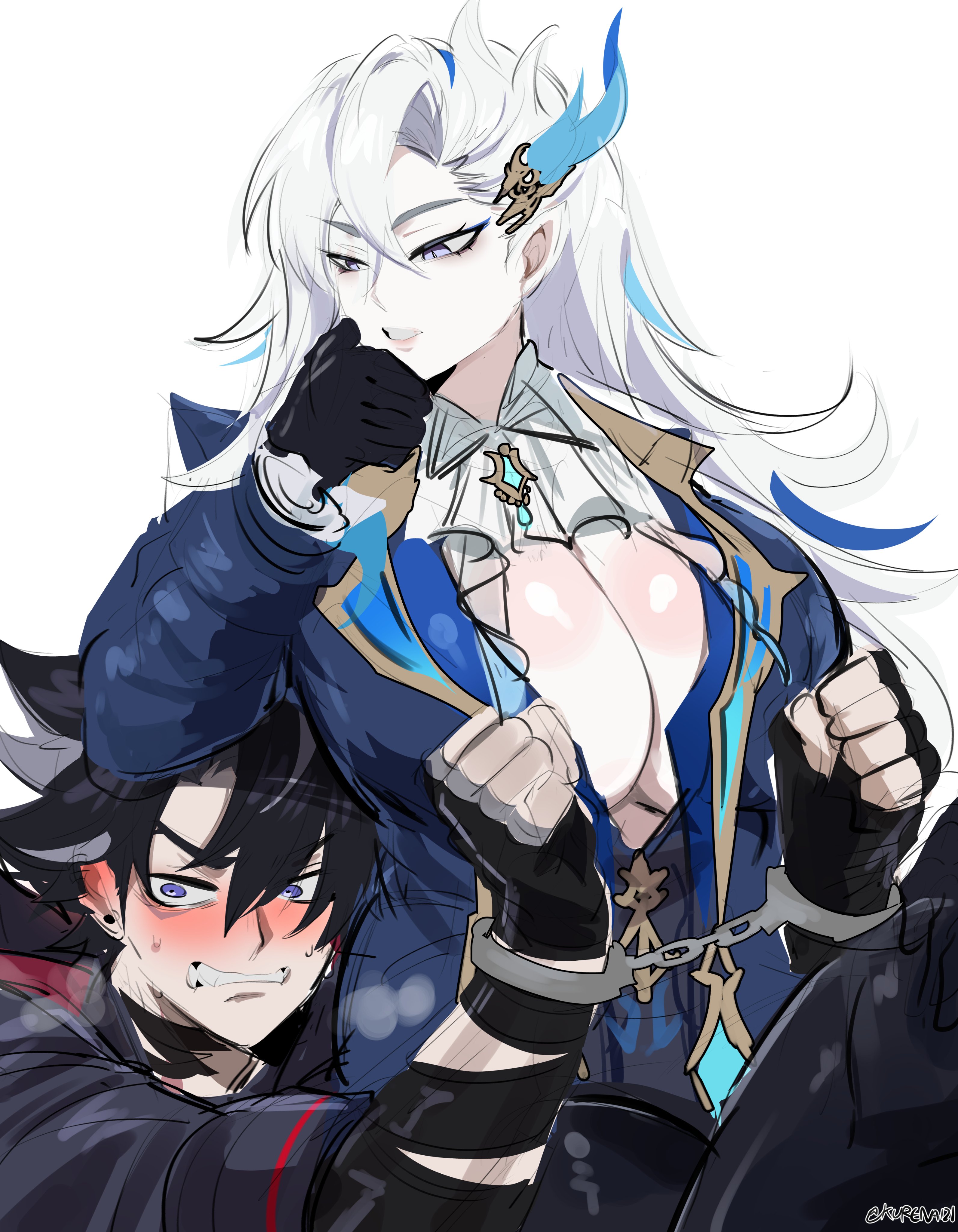 1boy, 1girls, 2boys, big breasts, black hair, blush, blushing, breasts, cleavage, cleavage cutout, female, gay, genderswap, genderswap (mtf), genshin impact, gloves, handcuffed, handcuffs, kurenaiz1, large breasts, light skin, light-skinned female, light-skinned male, long hair, male, male/female, neuvillette (genshin impact), rule 63, short hair, sweatdrop, white hair, wriothesley (genshin impact), yaoi