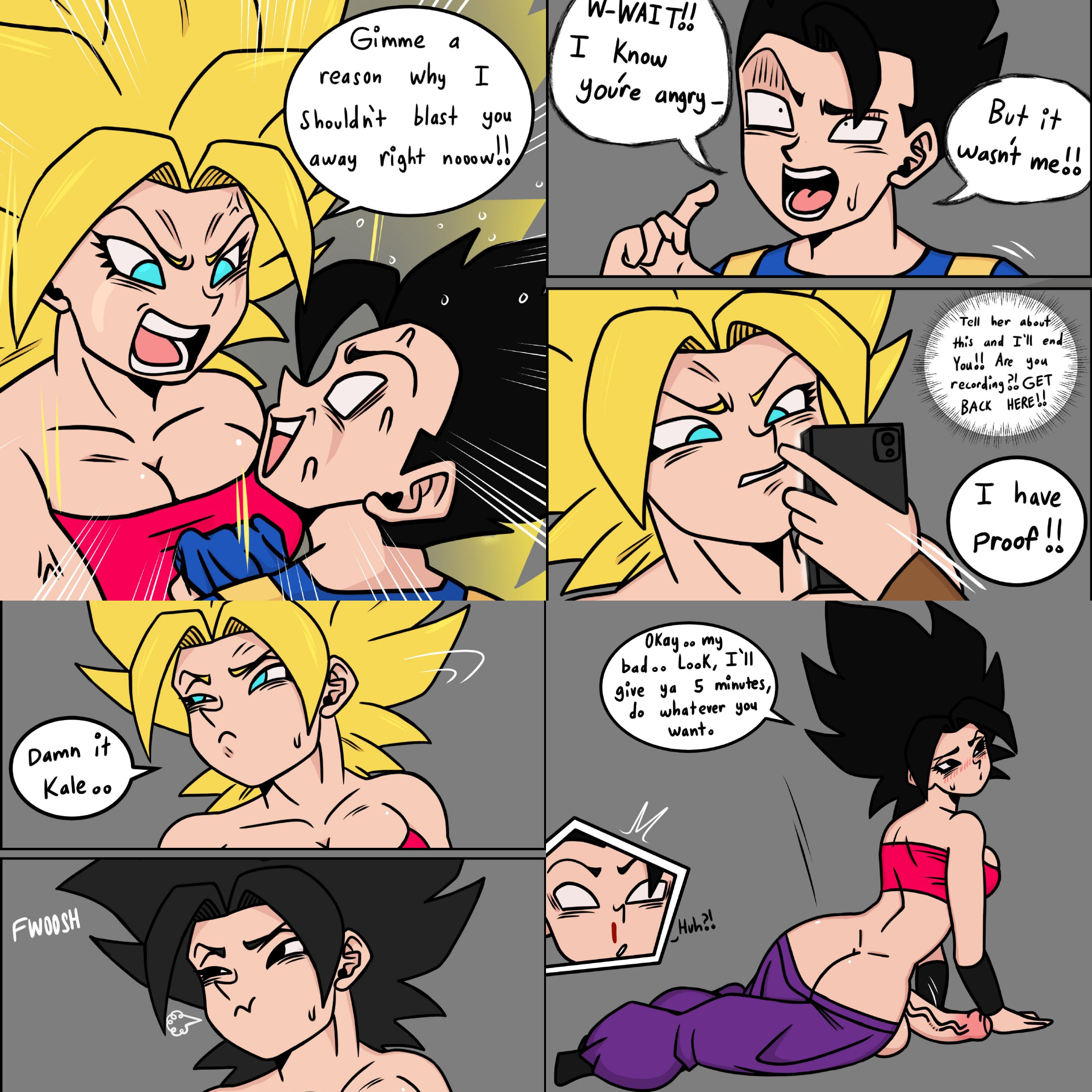 1boy, 1futa, angry, ass, balls, big ass, big balls, big breasts, big butt, big hair, big penis, black eyes, black hair, blue eyes, blush, breasts, cabba, caulifla, clothed, clothing, dialogue, dragon ball, dragon ball super, duo, english text, erection, femboy, futa focus, futanari, huge cock, human, intersex, light skin, light-skinned futa, light-skinned male, male, mostly clothed, pants, pants down, penis, phone, saiyan, skurigami, super saiyan, text, text bubble, topless, universe 6, veiny penis, yellow hair