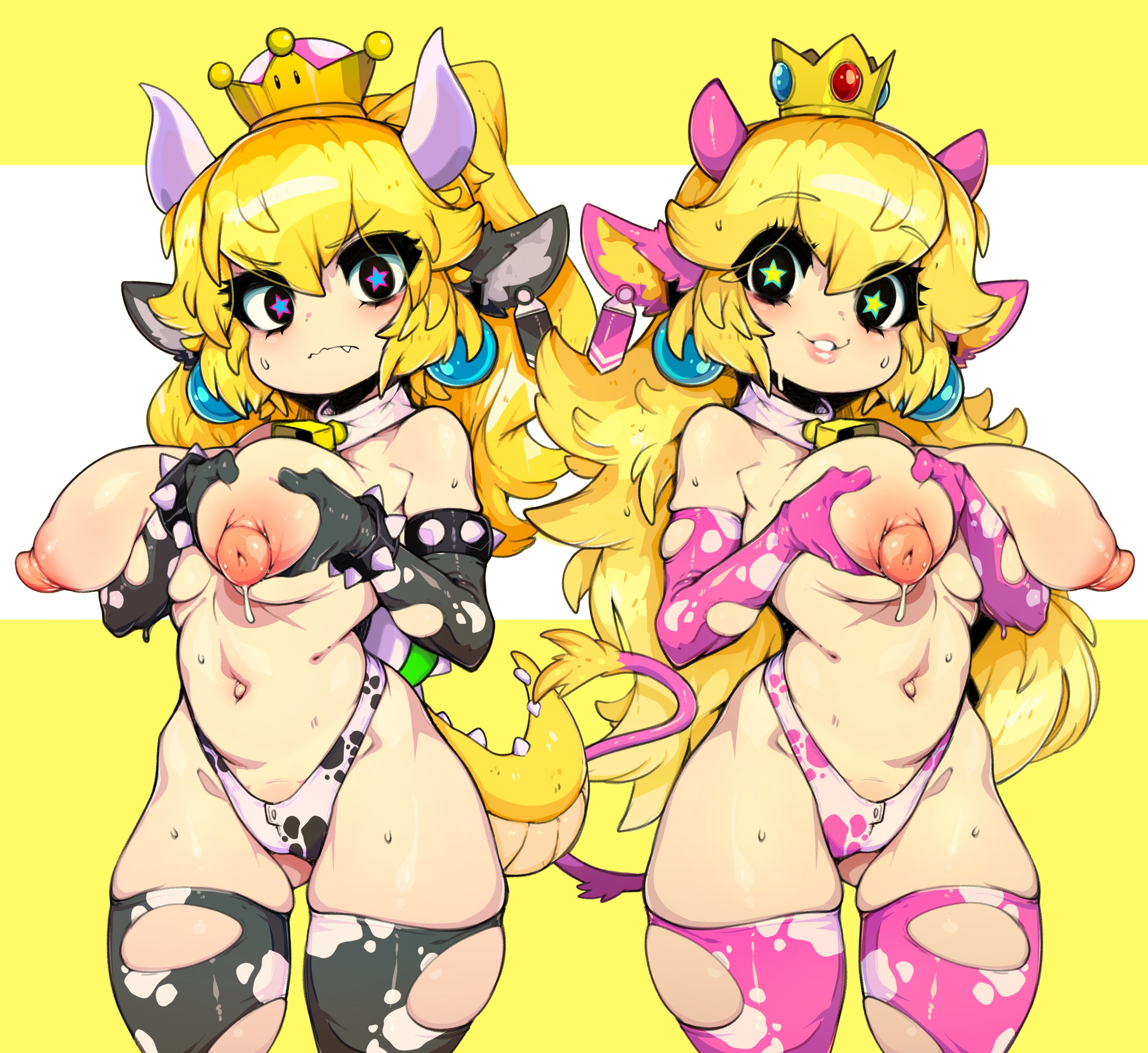 bare shoulders, big breasts, blonde hair, blue eyes, bowsette, breasts, cosplay, cow girl, cow horns, cow print, crown, earrings, female, female only, gloves, hourglass figure, huge breasts, mario (series), navel, new super mario bros. u deluxe, nintendo, nipples, princess peach, simple background, skin tight, slugbox, smile, solo, super mario bros., tagme, white background, wide hips