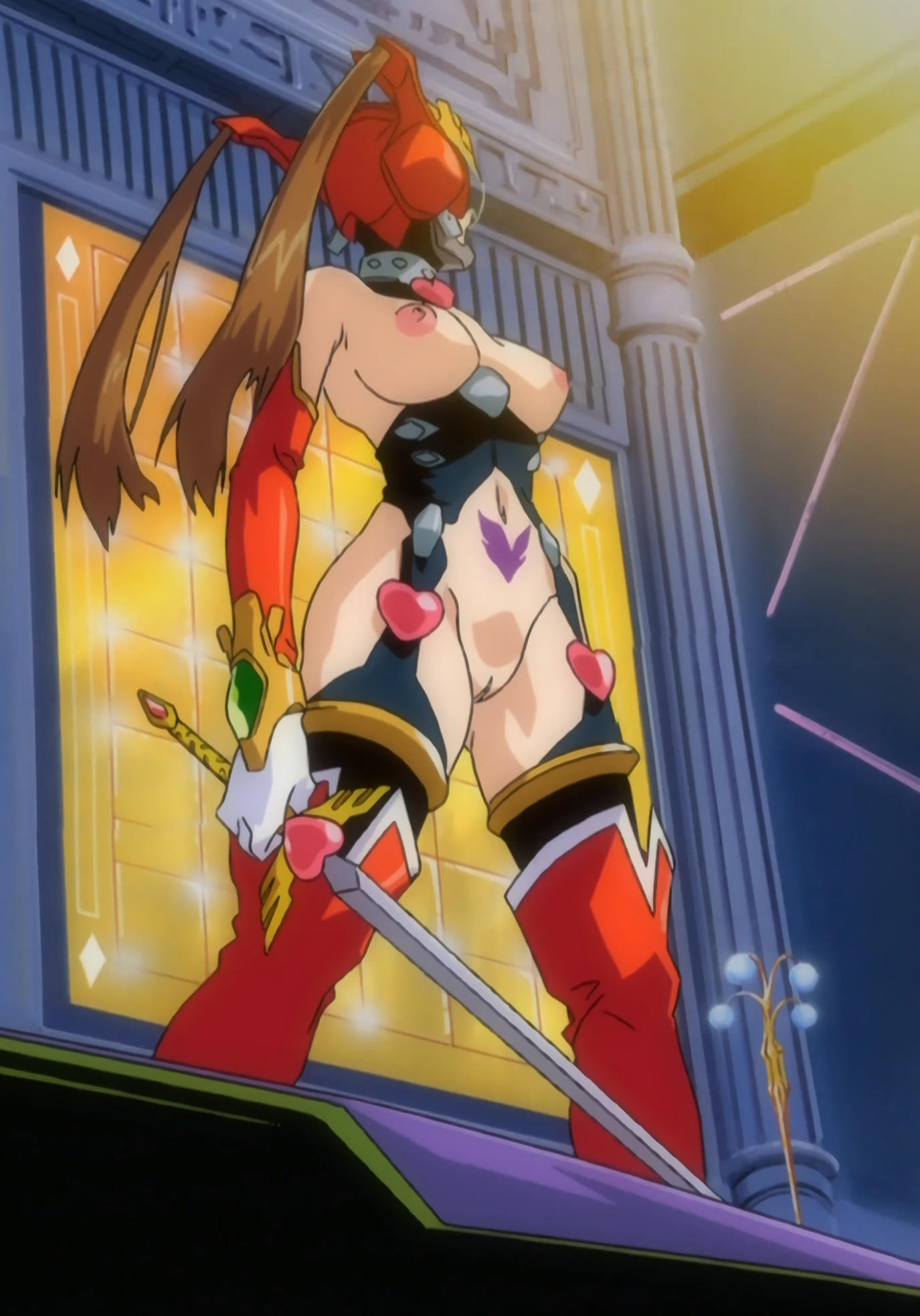 1girls angel_blade angel_blade_(character) areolae ass breasts brown_hair helmet hips holding_weapon large_breasts moena_shinguuji nipples screencap screenshot tattoo thick_thighs thighs tummy vagina