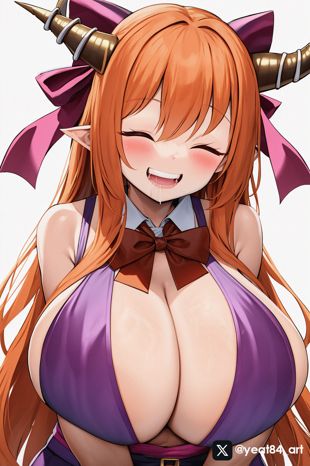 1girls ai_generated big_breasts breasts closed_eyes drooling female female_only horn horns huge_breasts large_breasts open_mouth orange_hair shirt suika_ibuki teeth tongue touhou upper_body white_background yeat84_art