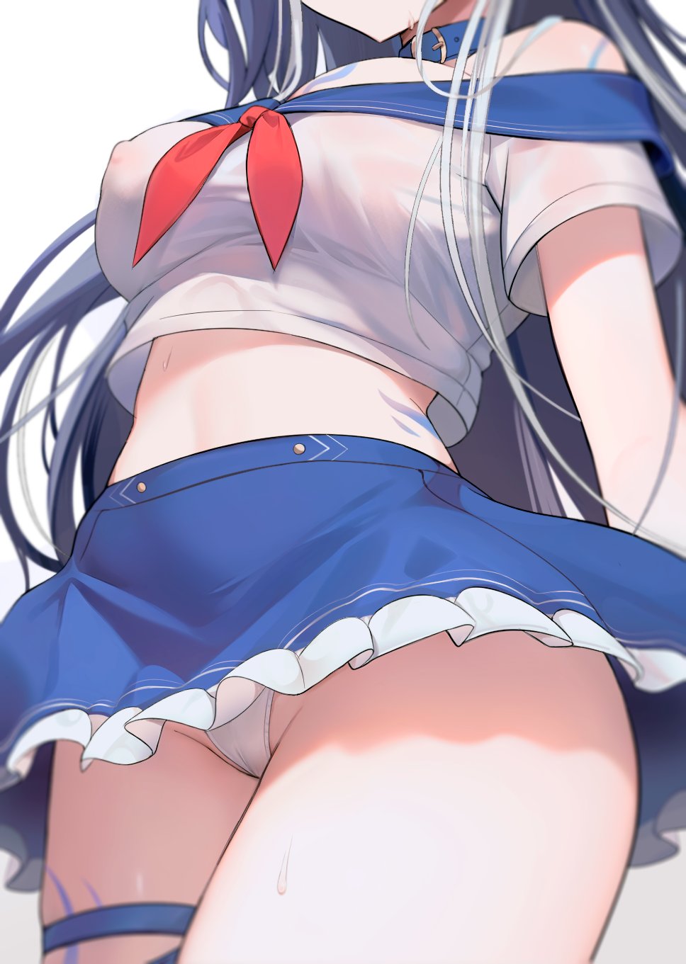 2d, blue hair, body markings, breasts, collar, crop top, female, frilled skirt, frills, head out of frame, highres, indie virtual youtuber, kanfi, large breasts, long hair, midriff, miniskirt, multicolored hair, panties, school uniform, see-through, see-through shirt, serafuku, shylily, skirt, solo, streaked hair, thigh strap, thighs, underwear, upskirt, virtual youtuber, white hair