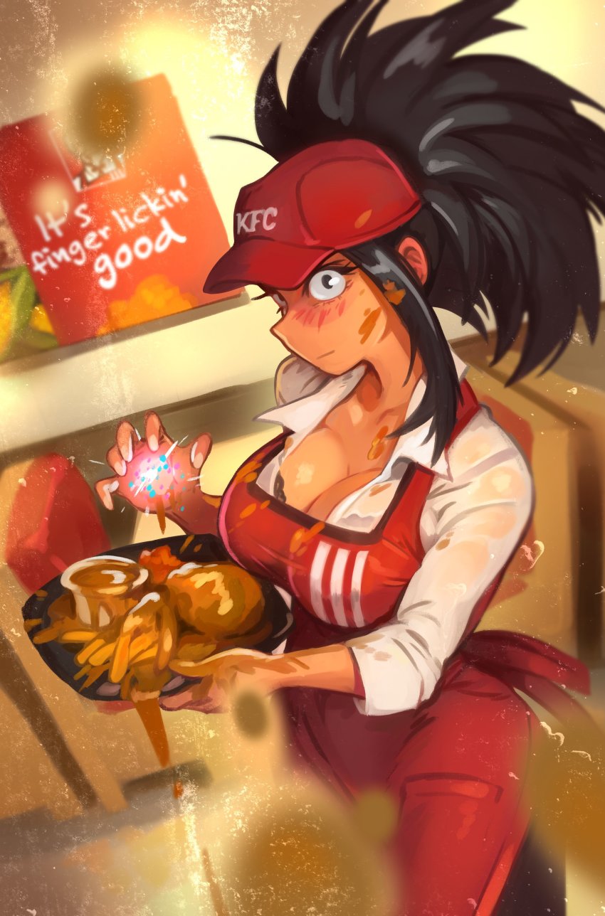 big_breasts black_eyes black_hair breasts cleavage cleavage_cutout female_focus female_only food holding_plate kfc khyleri large_breasts looking_at_viewer momo_yaoyorozu my_hero_academia ponytail restaurant solo_female solo_focus suprised_look yaoyorozu_momo