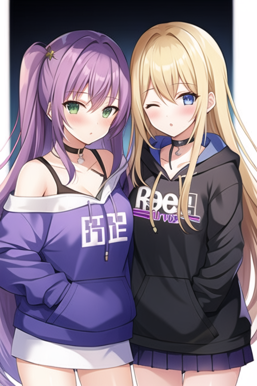 ai_generated blonde_hair blue_eyes blush bra choker fenthefox green_eyes hoodie lesbian_couple one_eye_closed purple_hair raine yuri