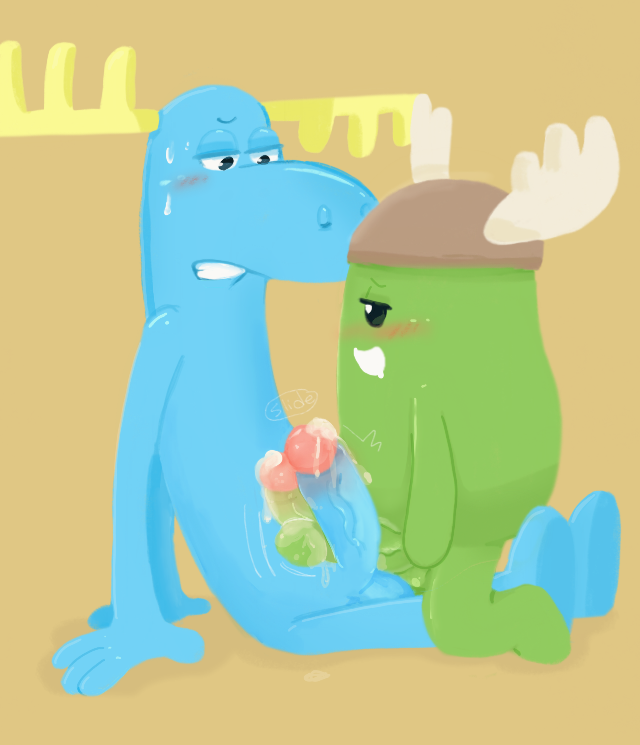 2boys antlers bean_(dumb_ways_to_die) blue_body blush botch_(dumb_ways_to_die) crossover crossover_sex crossover_ship crossover_shipping cum cum_drip dumb_ways_to_die furry gay green_body happy_tree_friends lumpy_(htf) moose non-human penis rubbing toony trait_connection