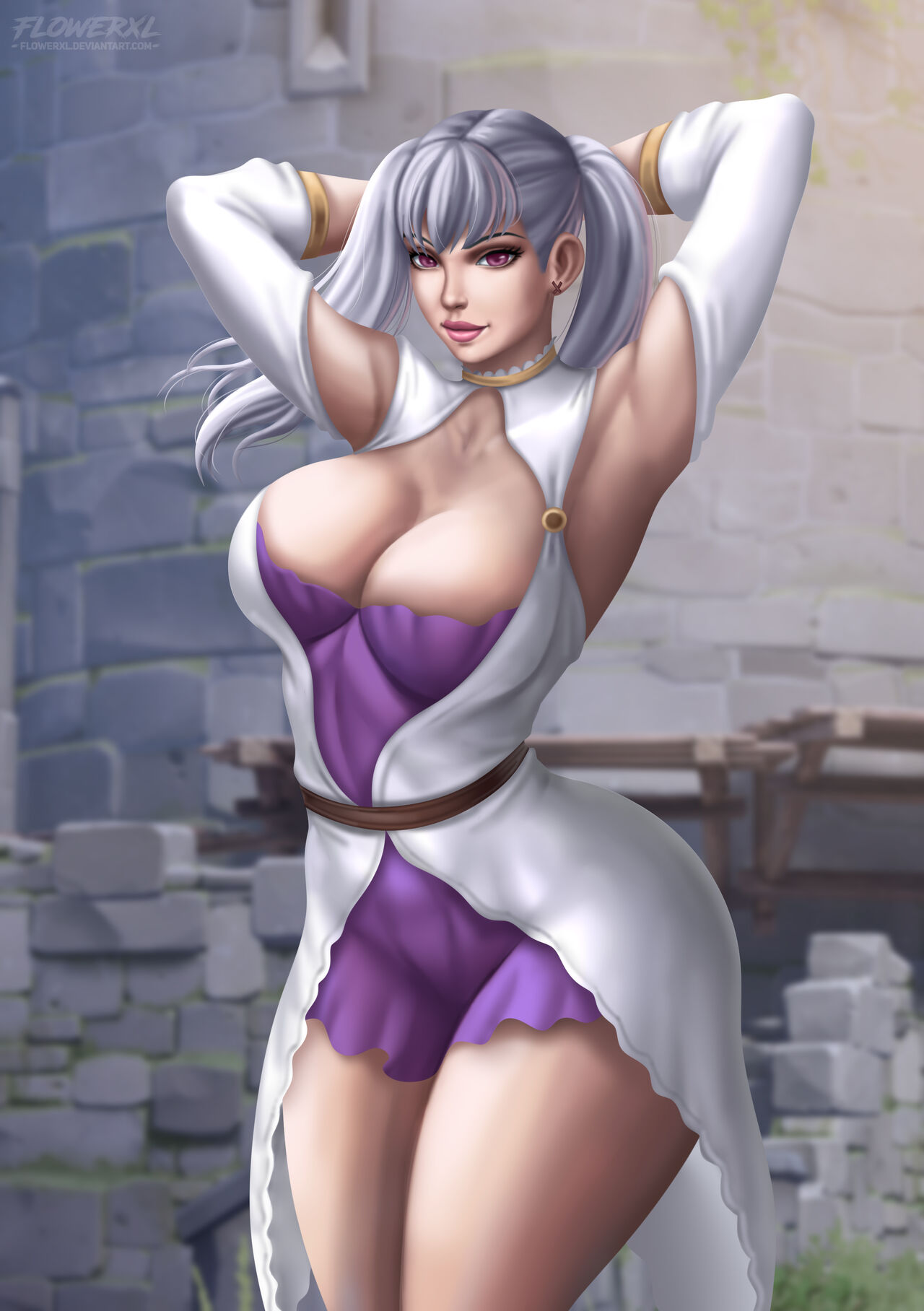 1female abs armpits black_clover breasts clothed curvy_female flowerxl front_view hourglass_figure huge_breasts human noelle_silva outside overboob pale-skinned_female pink_mouth platinum_hair purple_dress purple_eyes seductive_look seductive_smile solo solo_focus standing thick_thighs twintails url watermark white_hair