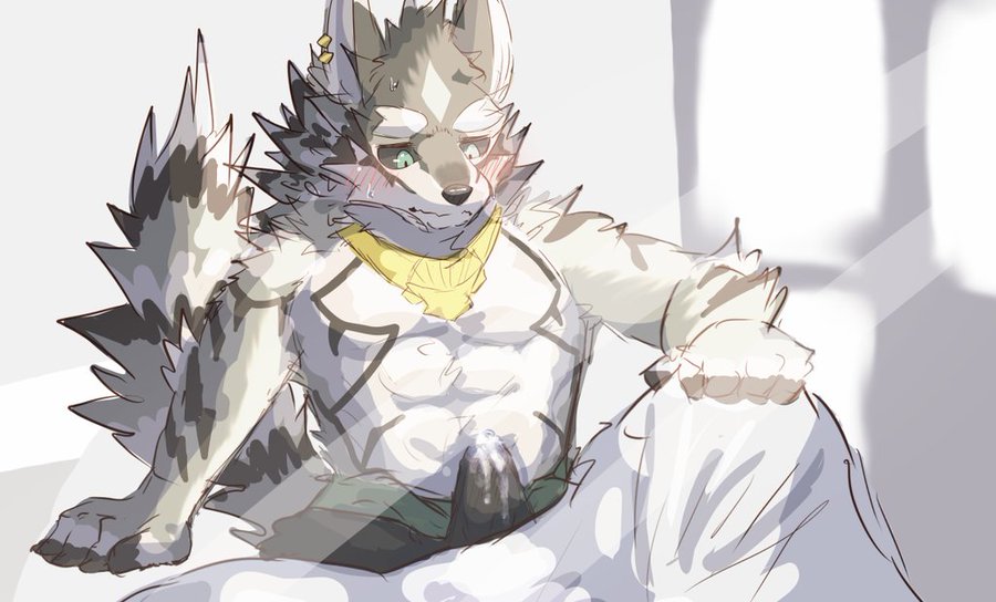 anthro bed black_sclera blush brown_body brown_fur canid canine canis clothing ear_piercing ear_ring fur furniture green_eyes jackal jewelry lifewonders male mammal necklace pecs piercing precum_on_underwear ring_piercing seth_(tokyo_afterschool_summoners) soft_abs solo superhasuchan tan_body tan_fur tenting tokyo_afterschool_summoners underwear waking_up wet_dream white_body white_fur