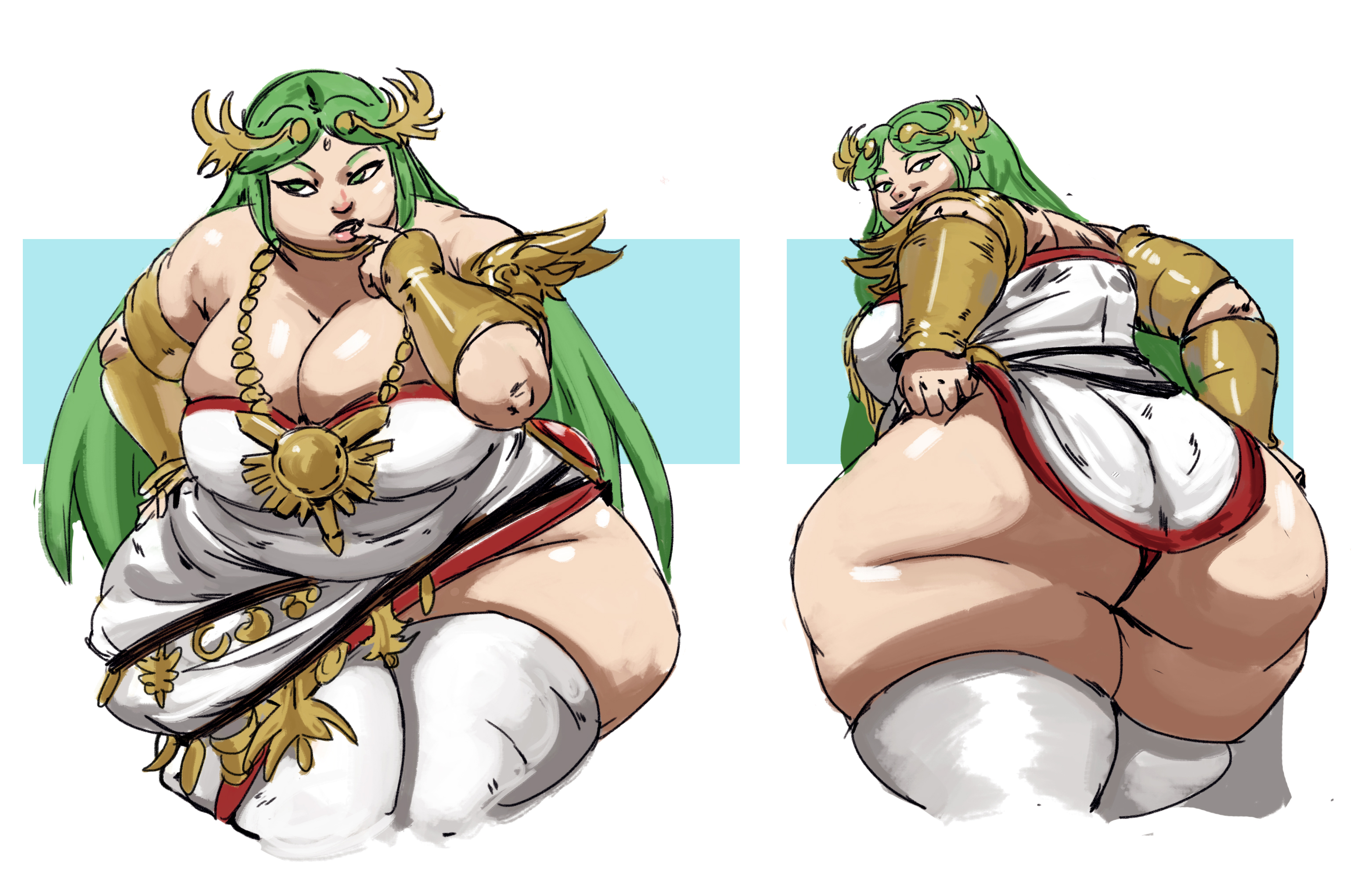 1girls, 2019, ass, back view, bbw, breasts, cleavage, curvaceous, curvy, female, female focus, front view, green hair, hi res, high resolution, highres, hips, huge ass, huge breasts, kid icarus, kid icarus uprising, long hair, nintendo, palutena, plump, redblacktac, showing ass, solo, solo female, solo focus, thick thighs, thighhighs, thighs, voluptuous, wide hips