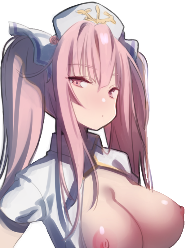 areola azur_lane bangs breasts breasts_out closed_mouth eyebrows_visible_through_hair female hair_between_eyes hair_ribbon hat looking_at_viewer nanaken_nana nipples nurse nurse_cap perseus_(azur_lane) perseus_(nursery_service_time)_(azur_lane) pink_eyes pink_hair ribbon short_sleeves sidelocks solo tatata twintails upper_body white_background