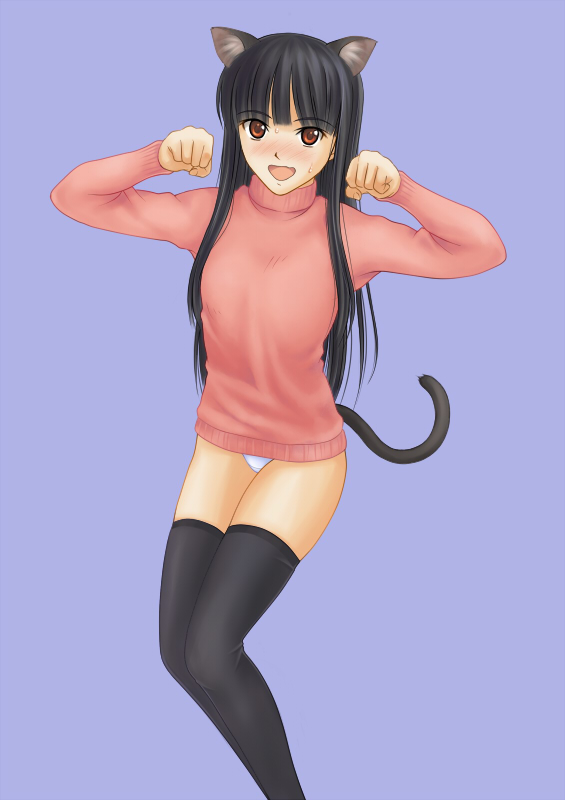 animal_ears black_hair blush brown_eyes cat_ears cat_tail clothing copyright_request konoe_konoka mahou_sensei_negima! panties stockings suda_(yuunagi_enikki) sweater tail thighhighs turtleneck yuunagi