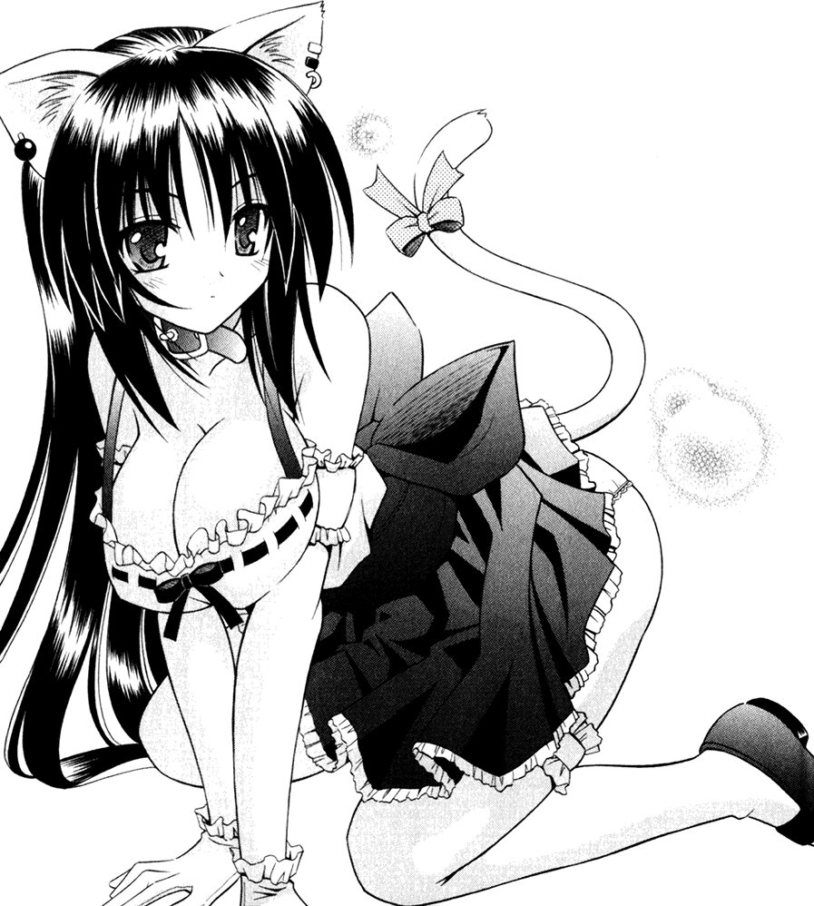 animal_ears arm_garter bare_shoulders breasts cat_ears cat_tail cleavage collar earrings gloves himari_noihara_(omamori_himari) jewelry kneeling large_breasts leg_garter long_hair manga matra_milan miniskirt monochrome nekomimi no_bra omamori_himari panties pointy_chin ribbon scan skirt tail tail_bow underwear very_long_hair