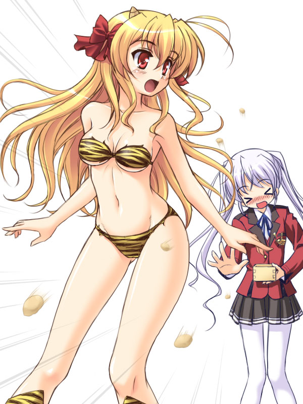 >_< 2girls august_soft bikini blonde_hair closed_eyes cosplay female fortune_arterial fully_clothed horns mamemaki masakichi_(crossroad) mizugi multiple_girls oni pantyhose red_eyes school_uniform sendou_erika setsubun swimsuit tiger_print tougi_shiro white_legwear