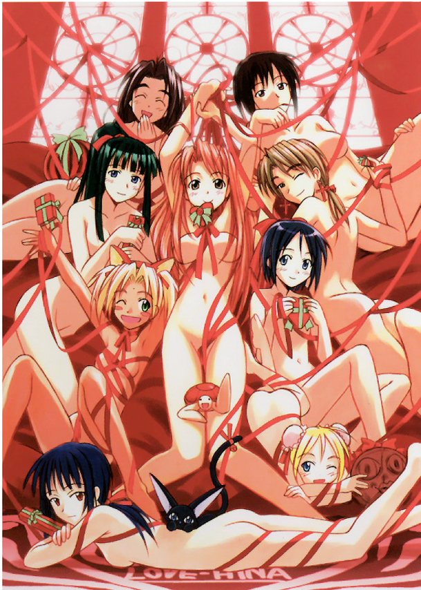 animal_ears aoyama_motoko arms_up ass bindi black_hair blonde_hair blue_eyes blush blush_stickers breasts brown_eyes brown_hair cat_ears closed_eyes double_bun everyone green_eyes group hair_ribbon kaolla_su konno_mitsune kuro_(love_hina) legs love_hina lying maehara_shinobu mound_of_venus mouth_hold naked_ribbon narusegawa_naru navel nude nude_filter official_art oppai otohime_mutsumi pointy_chin ponytail red_hair ribbon sarah_mcdougal smile tama_(love_hina) tied_hair twintails urashima_haruka urashima_kanako wink