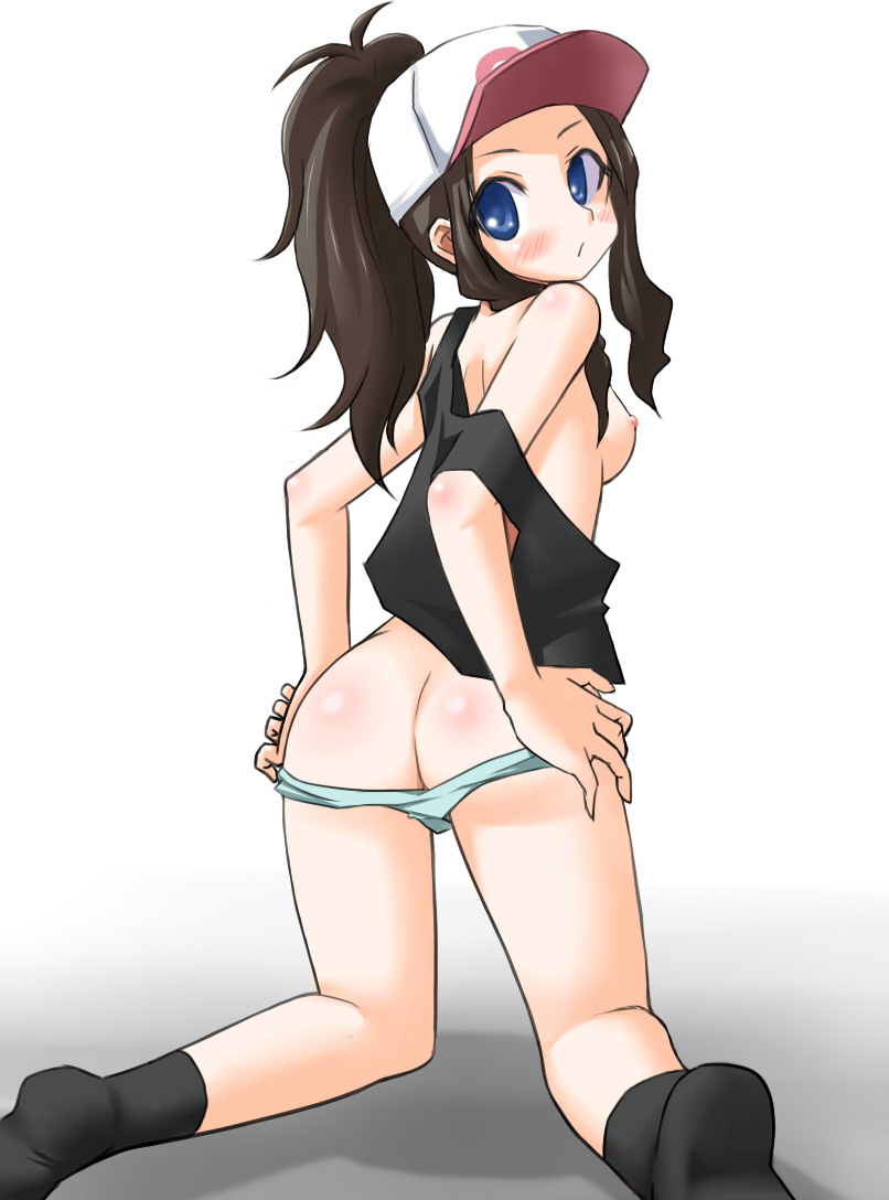 ass, blue eyes, blush, breasts, brown hair, female, female only, hat, hilda (pokemon), human, kneeling, long hair, looking back, lowres, nintendo, nipples, no bra, nude, panties, pokemon, pokemon bw, ponytail, solo, tied hair, uncensored, undressing, vest, white background