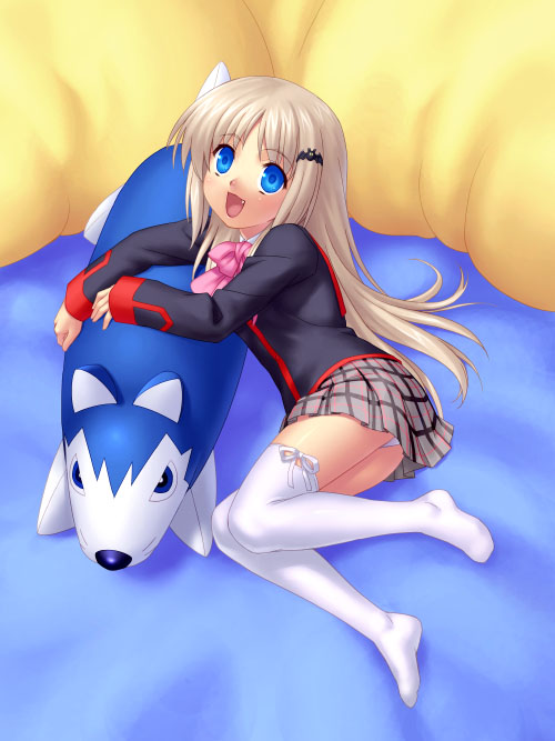 character_name copyright_name cute_fang little_busters! noumi_kudryavka panties plaid plaid_skirt school_uniform silver_hair skirt thighhighs underwear