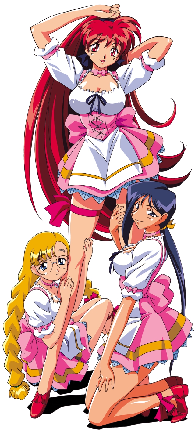 3girls 90s akira_(viper) ankle_ribbon anna_miller arm_above_head arm_behind_head arms_up bare_arms blonde_hair blue_eyes blue_hair bow breasts choker cleavage clothing corset eyebrows_visible_through_hair feet female female_only frills full_body glasses hair_ribbon hand_on_leg heels highres karin_(viper) kimura_takahiro kneeling large_breasts leg_between_breasts leg_cling leg_grab leg_hug leg_wrap legwear long_hair long_ponytail long_twintails looking_at_viewer low_ponytail matching_hair/eyes medium_breasts multiple_girls nipple_bulge official_art open_mouth pink_clothing ponytail pose red_eyes red_hair ribbon ribbon_choker saki_(viper) shadow simple_background sitting skirt smile sogna standing thick_thighs thigh_ribbon thigh_strap thighs tied_hair twin_braids twintails uniform very_long_hair viper_(series) viper_v16 waitress white_background white_clothing