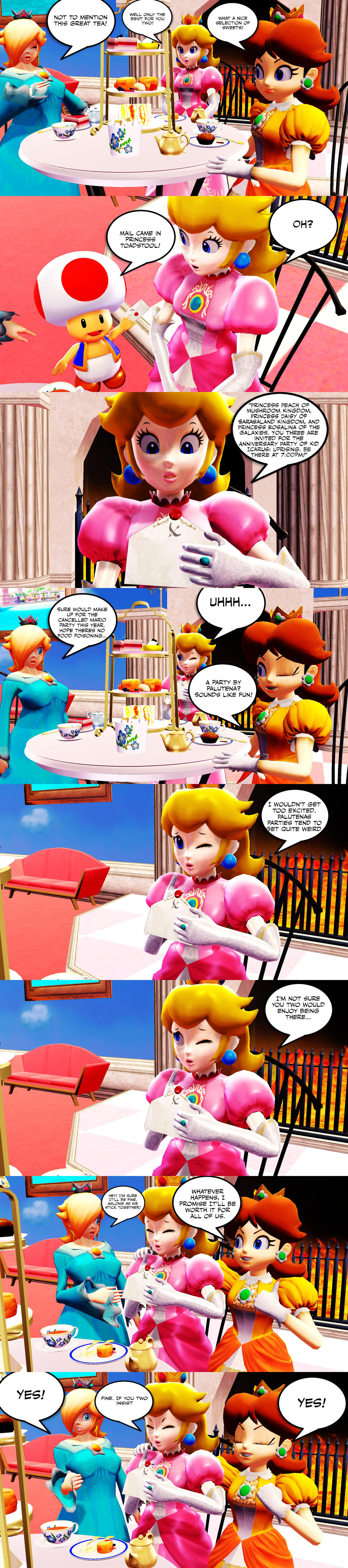 1boy 3d 3d_(artwork) 3girls blonde_hair blue_dress breasts brown_hair clothed_female comic crown dessert earrings elbow_gloves female gloves hair_over_one_eye hyperomega89 indoors invitation lipstick long_hair mail male mario_(series) medium_hair nintendo orange_dress part_of_a_set party pink_dress princess_daisy princess_peach princess_rosalina super_mario_bros. tea tea_party toad_(mario) white_gloves