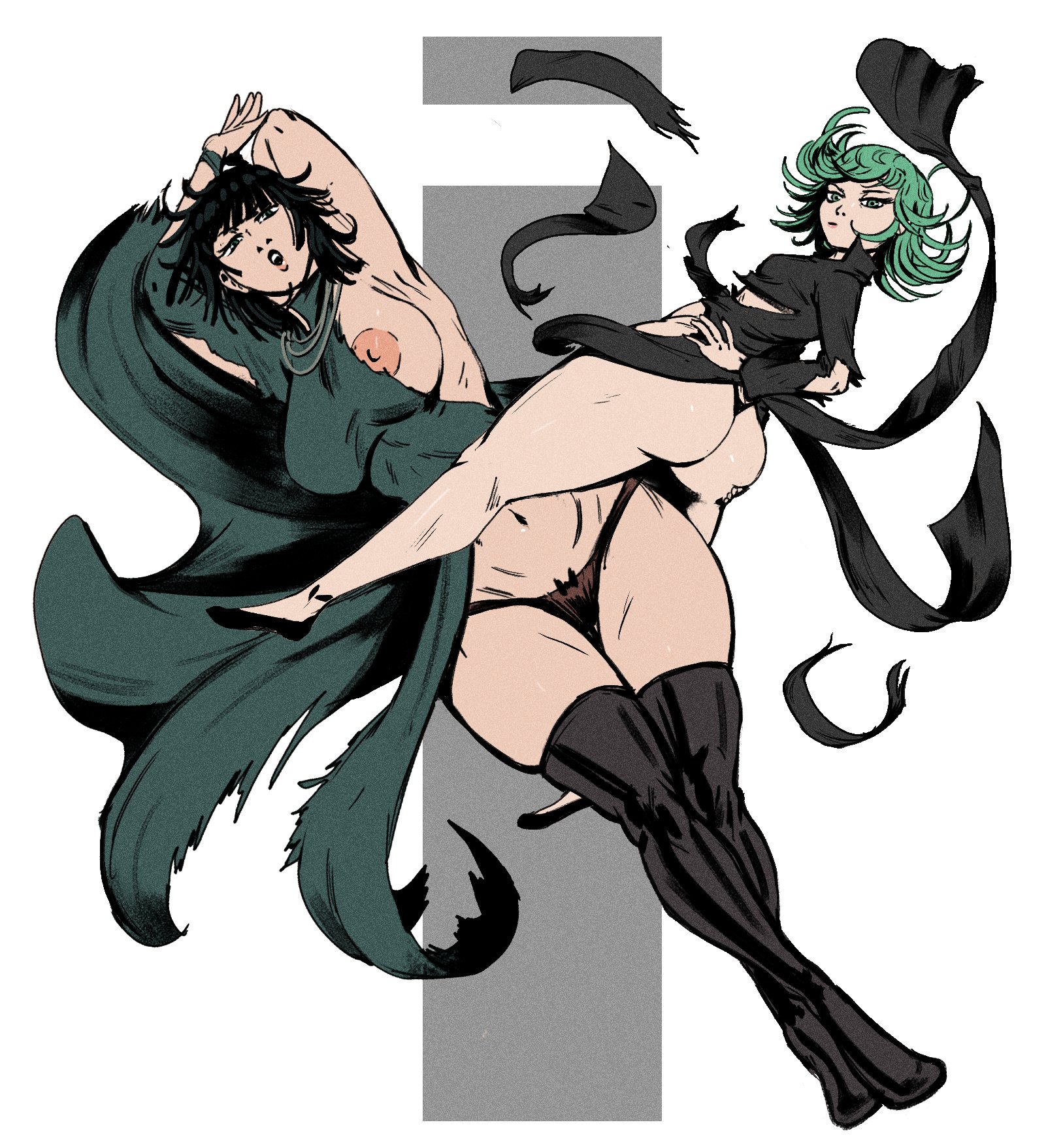2023, 2girls, absurd res, areolae, ass, big ass, big breasts, breasts, duo, duo focus, esper sisters, exposed breasts, female, female only, fubuki (one-punch man), green hair, hand on hip, larger female, looking at viewer, looking back, multiple females, multiple girls, nipples, one-punch man, panties, partially clothed, partially nude, redblacktac, ripped clothing, short hair, siblings, sisters, size difference, smaller female, tatsumaki, thighhighs, thighs, underwear, wardrobe malfunction