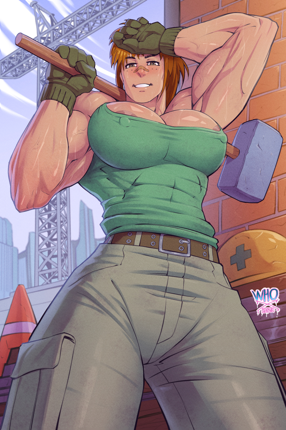 areola areolae armpits brown_eyes brown_hair gloves hammer muscles muscular muscular_arms muscular_female nipples_visible_through_clothing pinup pinup_pose takahara_minako the_guts! whox women_at_work