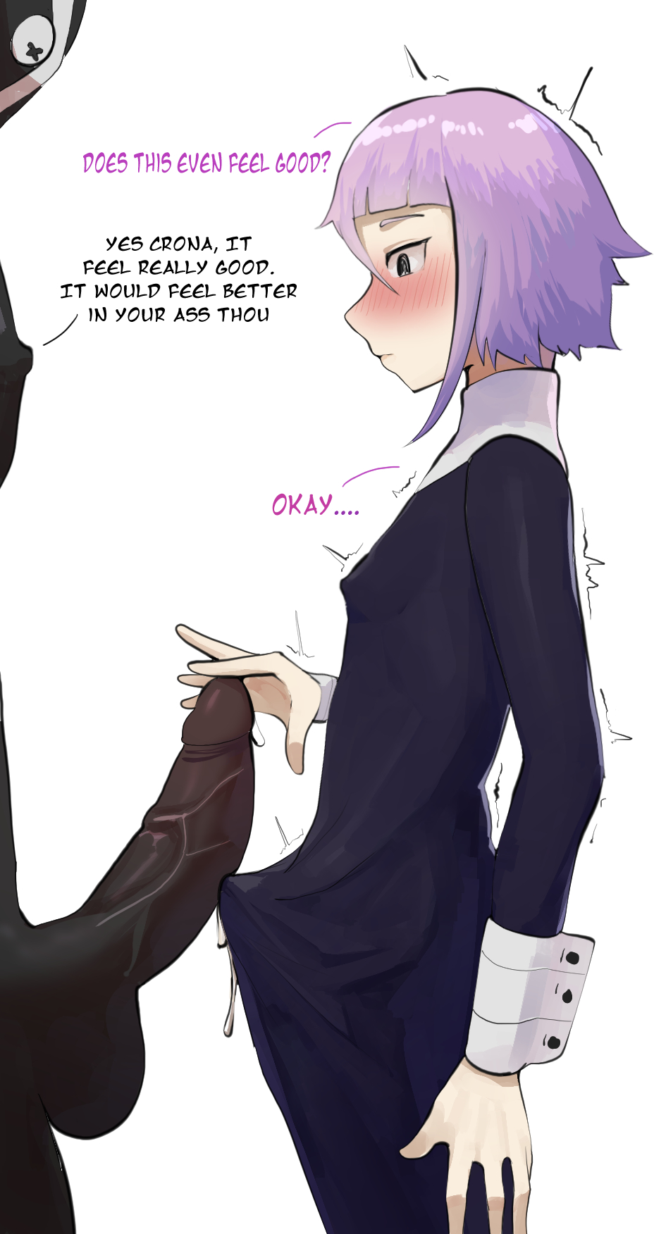 2boys, androgynous, big cock, big dick, big penis, bulge, cock, crona (soul eater), dick, english text, erect penis, erection, feminine male, gay, male, male nun, male only, penis, penis size comparison, penis size difference, pink hair, purple hair, ragnarok (demon sword), soul eater, text, veiny penis, visible penis shape, yaoi, yellow glasses (lewd glasses)