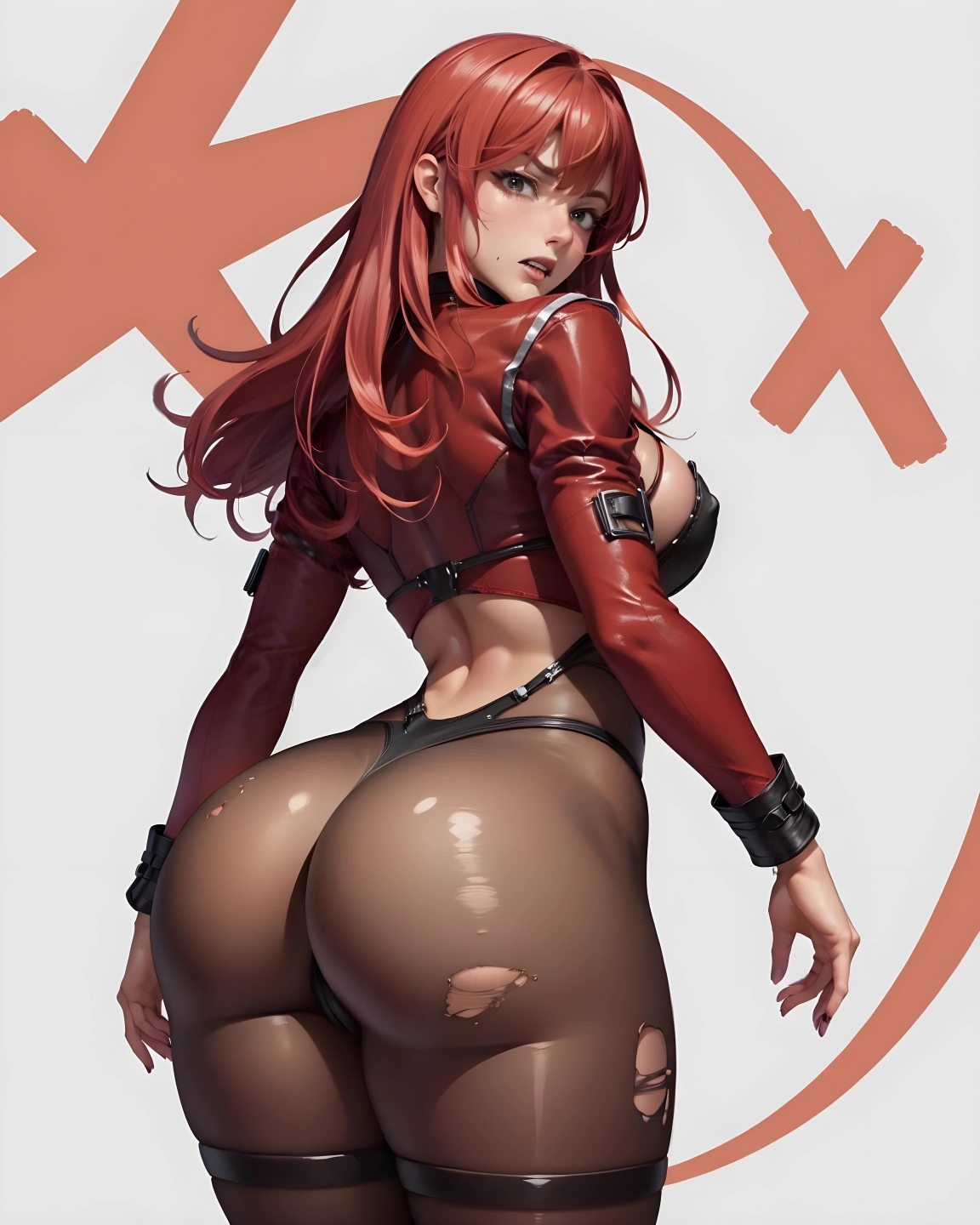 ai generated, ass, bodysuit, breasts, cropped jacket, female, from behind, goddess of victory: nikke, huge ass, jacket, large breasts, long hair, looking at viewer, looking back, orange eyes, red hair, shiny, shiny clothes, shiny hair, shiny skin, sideboob, solo, torn bodysuit, torn clothes, unartist, very long hair, volume (nikke)
