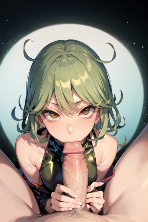 1girls ai_generated anime_style blowjob eye_contact female fingers_on_penis green_eyes green_hair one-punch_man tatsumaki