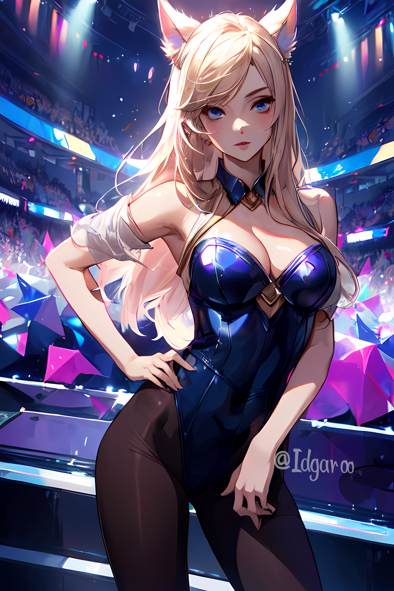 9 tails, ahri, ai generated, animal ears, blonde hair, blue clothing, blue eyes, blue suit, breasts, concert, female, fox ears, hand on hip, idgaroo, k/da ahri, k/da series, league of legends, looking at viewer, makeup, multi tail, nine tailed fox, pantyhose, people in background, riot games, solo, stable diffusion, vastaya