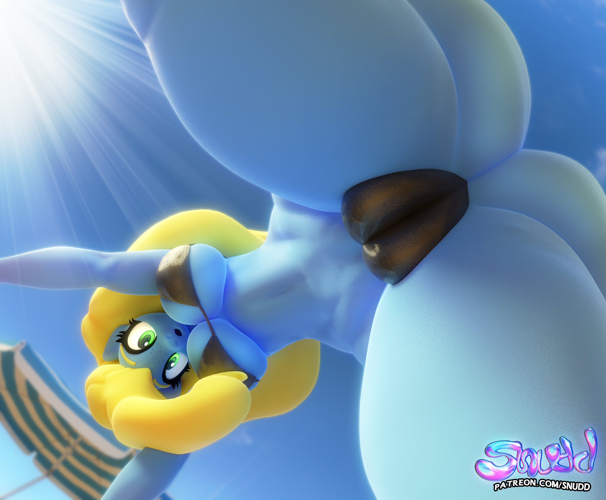 1girls, 3d, 3d (artwork), anthro, ass, beach, big ass, big breasts, big butt, bikini, bikini bottom, bikini top, blender, blender (software), blue body, breasts, bubble ass, bubble butt, cameltoe, female, female focus, female only, freckles, friendship is magic, green eyes, hourglass figure, huge ass, huge breasts, huge butt, huge thighs, massive ass, massive breasts, massive butt, massive thighs, my little pony, oc, original character, outdoors, outside, pussy, solo, suprised, suprised look, thick, thick legs, thick thighs, yellow hair