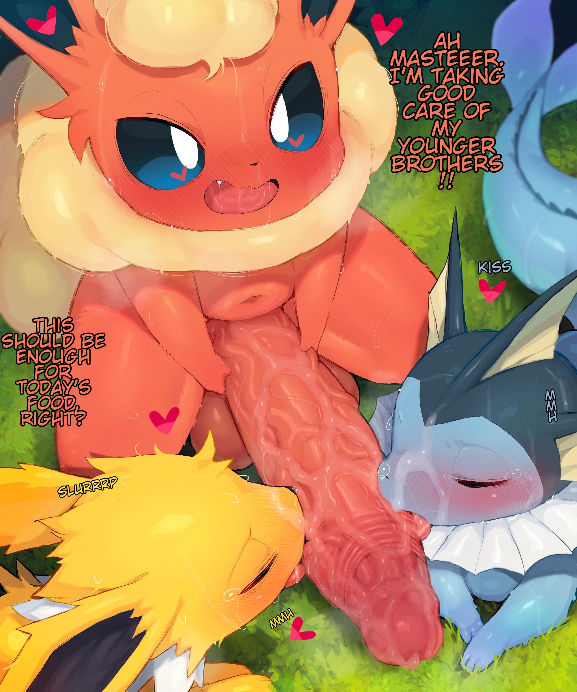 3boys, blush, caption, cum, cum on face, double fellatio, eeveelution, feral, flareon, foreskin, furry, gay, incest, jolteon, kissing, kissing penis, large penis, male, male only, oral, penis, pokemon, pokemon (species), quality, syuro, threesome, translated, uncircumcised, vaporeon