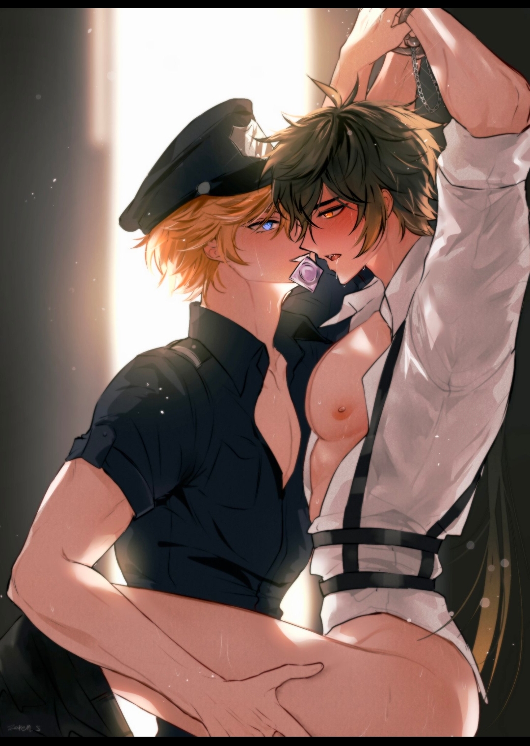 amber eyes, blue eyes, blush, blushing profusely, chained up, childe (genshin impact), condom packet, gay, genshin impact, hand on another's thigh, handcuffs, male, nipples, opened shirt, pinned to wall, police uniform, sayzorens 11, tartaglia (genshin impact), yaoi, zhongli (genshin impact)