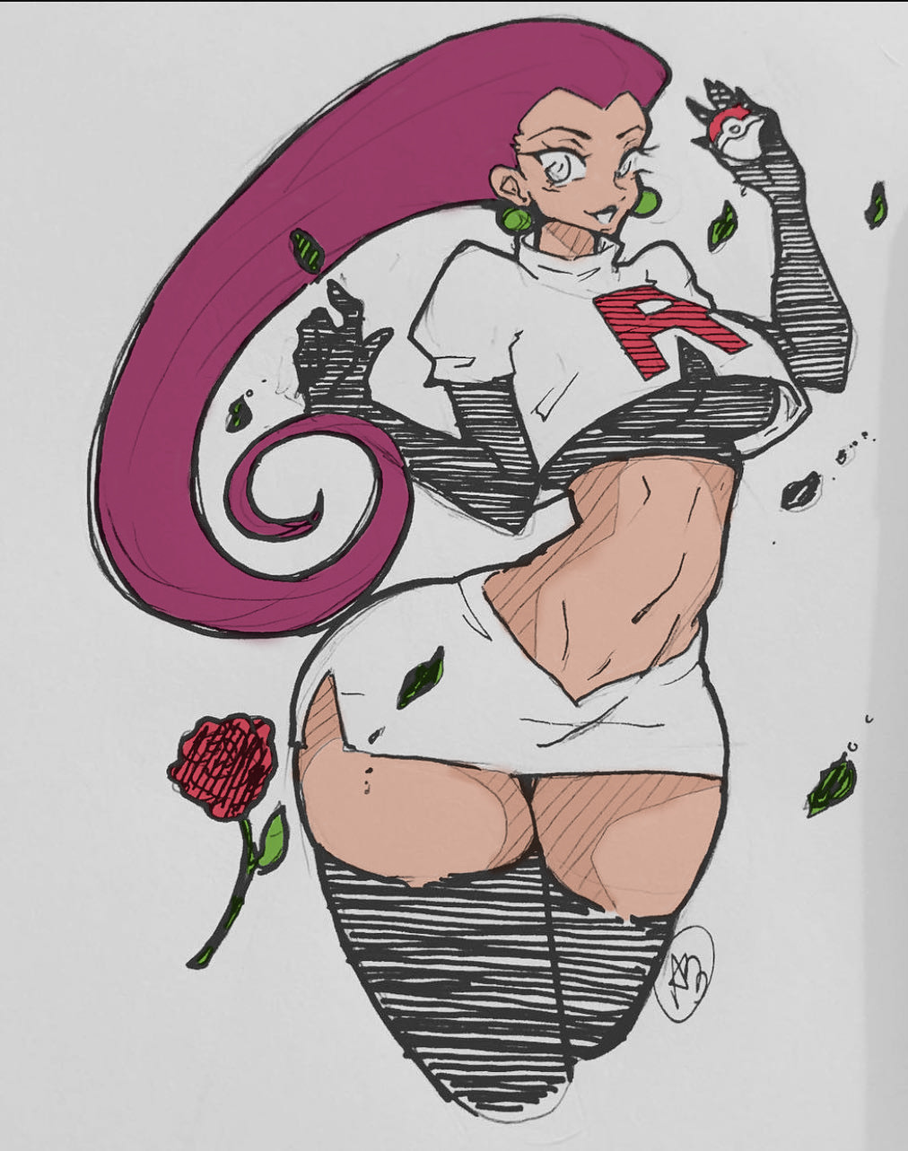 alybmanart big_breasts black_thighhighs color_edit colored_sketch curvy hip_dips jessie_(pokemon) microskirt midriff miniskirt nintendo paintmeanon perfect_body pokeball pokemon pokemon_(anime) pokemon_rgby roses skimpy_clothes skirt team_rocket thighhighs