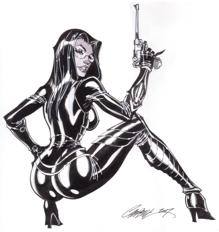 anastasia_cisarovna baroness_(g.i._joe) big_ass black_boots black_catsuit black_latex black_latex_bodysuit cobra_(g.i._joe) dark_hair dominant_female j_scott_campbell large_breasts latex_bodysuit latex_catsuit looking_at_viewer looking_over_shoulder luger_p08 pistol_in_hand shiny_clothes squatting tight_clothing villain wide_hips