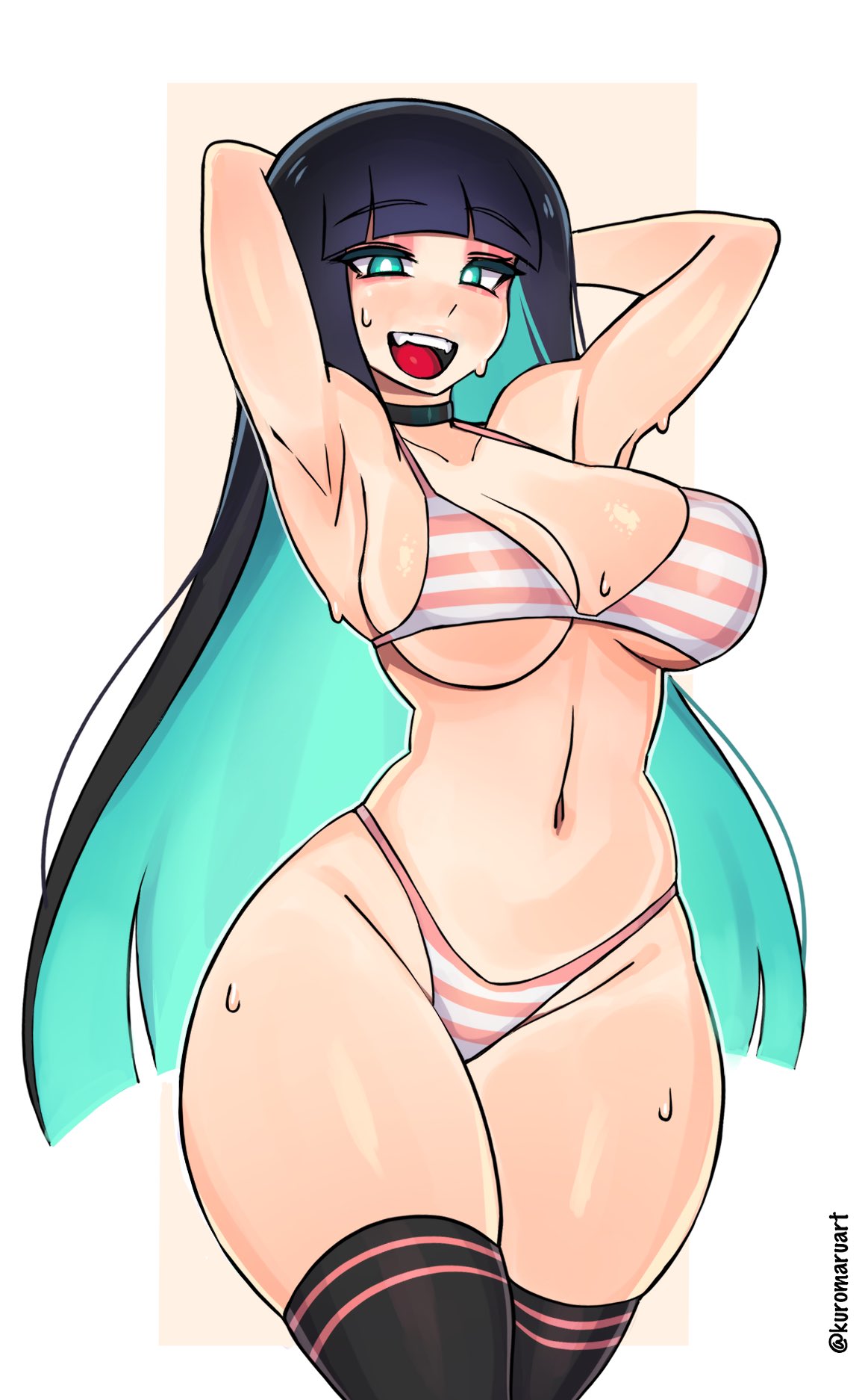 1girls, armpits, belly button, big breasts, bikini, breasts, cleavage, eyebrows visible through hair, female, female only, green eyes, kuromaruart, light skin, light-skinned female, looking at viewer, oc, open mouth, original, original character, priscilla (kafein), solo, sweat, swimsuit, tagme, thick thighs