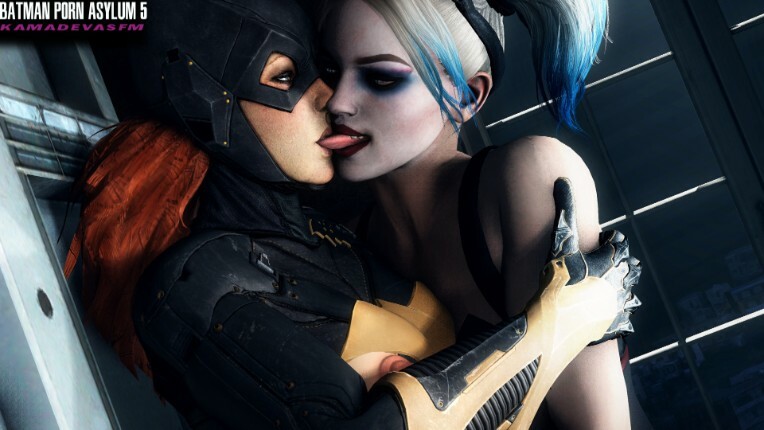 2girls 3d barbara_gordon batgirl batgirl_(arkham_knight) batman:_arkham_knight batman_(series) batman_porn_asylum breasts dc dc_comics french_kiss french_kissing girls_only harley_quinn harley_quinn_(injustice) injustice_2 kamadeva lesbian multiple_girls tongue tongue_kiss yuri